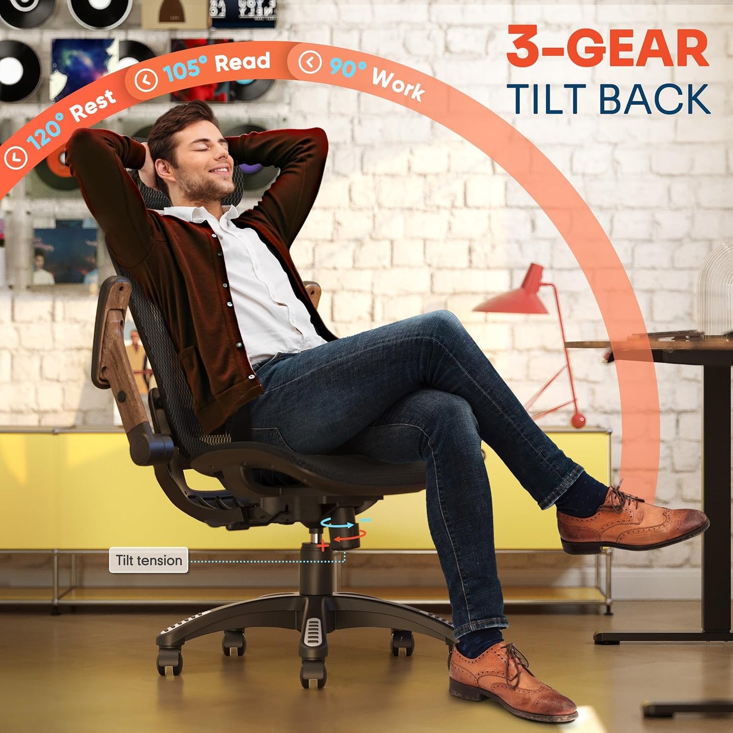 GABRYLLY Ergonomic Office Chair, High Back Home Desk Chair with Headrest, Flip-Up Arms, 90-120° Tilt Lock and Wide Cushion, Big and Tall Mesh Chairs for Man Woman, Black Task Chair(Dark Woodgrain)