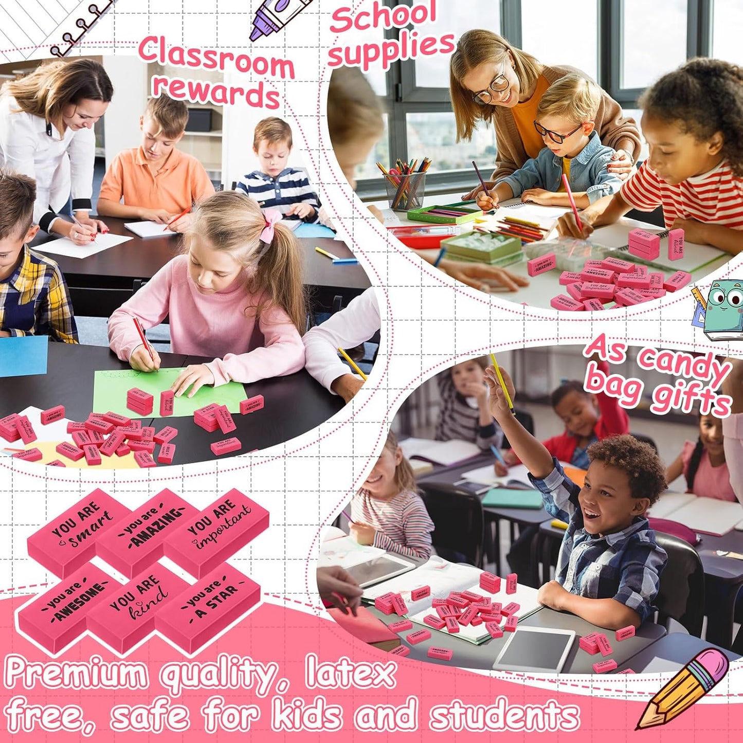 180 Pcs Inspirational Erasers for Kids Christian Pencil Erasers Bulk, Back-to-School Gifts Motivational and Cute Supplies for Students Classrooms, Drawing(Pink,Motivational)