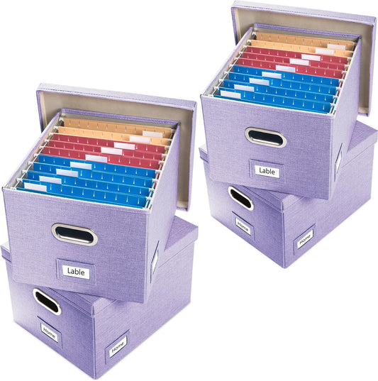 PRANDOM File Organizer Box - Set of 4 Collapsible Decorative Linen Filing Storage Hanging File Folders with Lids Office Cabinet Letter/Legal Size Purple 17.1x14x11.1 inch