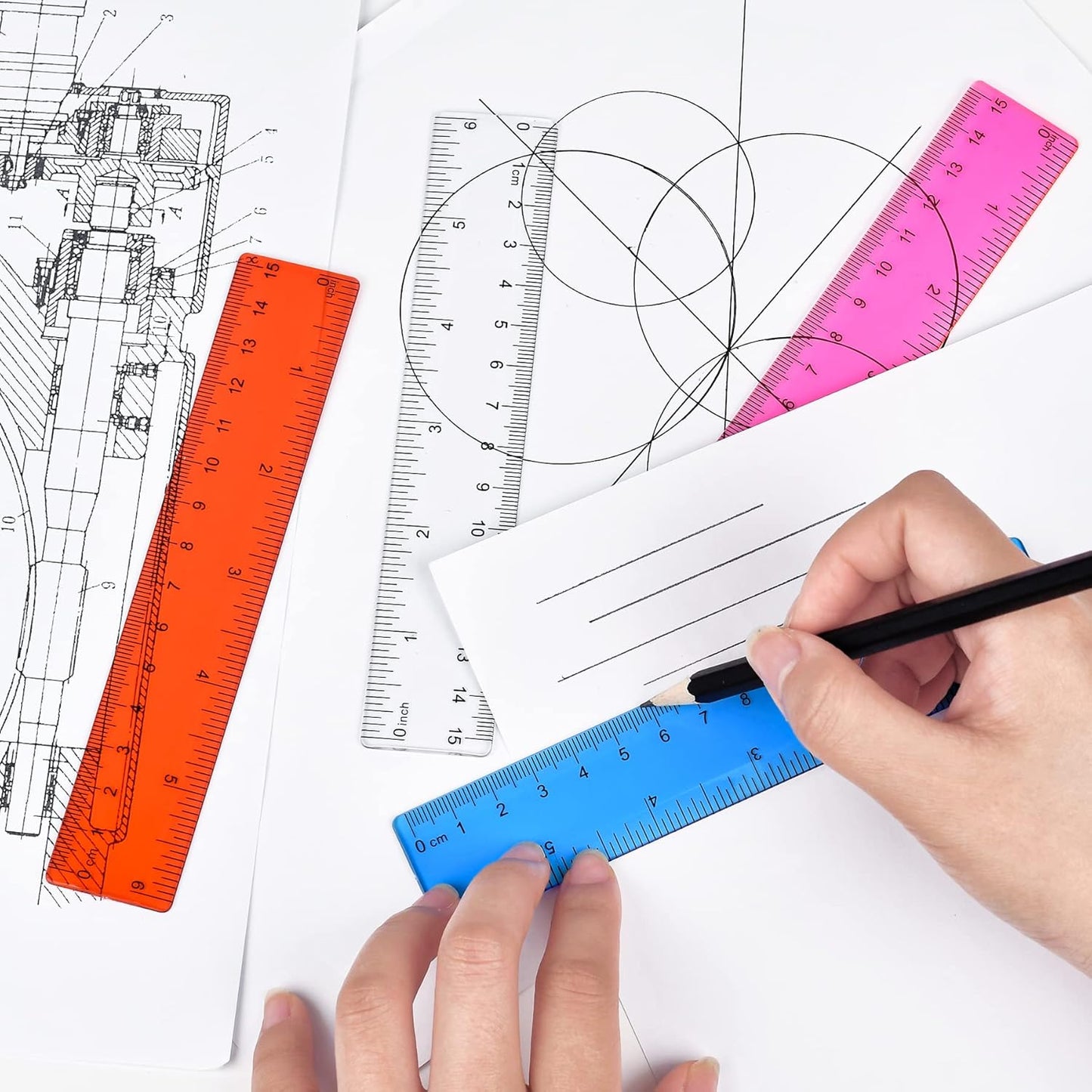 Clear Plastic Straight Ruler, 6 Inch, Bulk Assorted Colors, Shatterproof with Inches and Centimeters for School, Home, or Office (8 Pack)