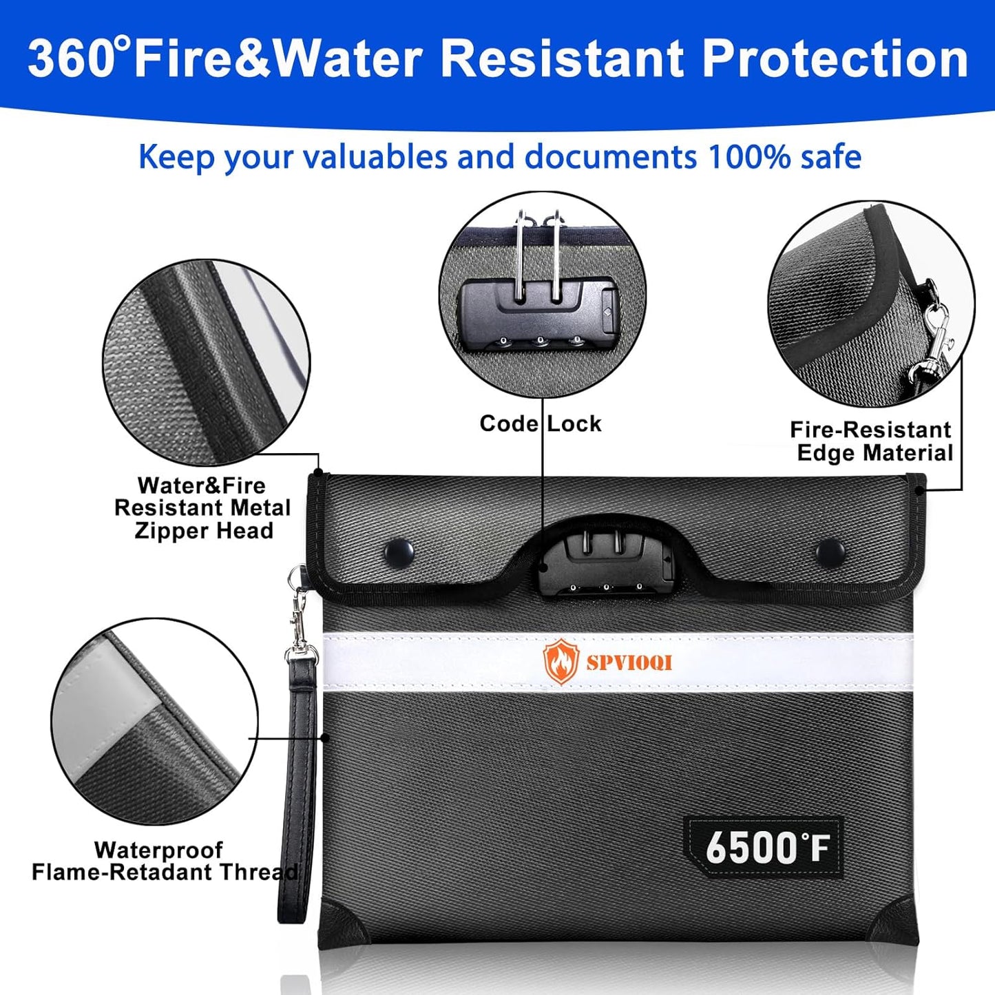 6500°F Upgraded Fireproof Document Bag with Lock, Fire proof Money Bag for Cash w. Zipper/Reflective Strip, 10 Layers of Heat Insulated Materials, Water Resistant Fireproof Bag for Documents, Fire Bag