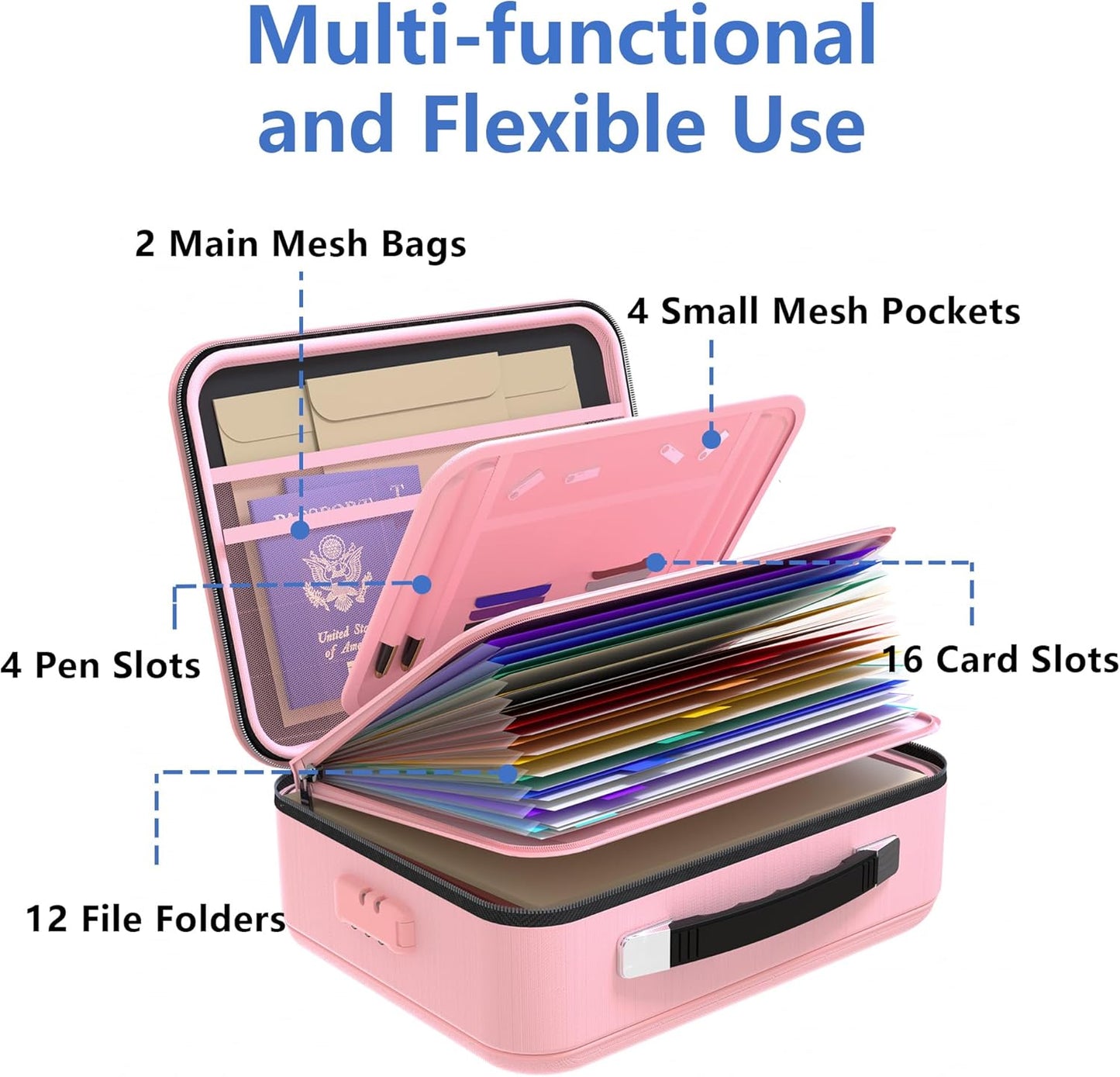 TIGERKING Fireproof Document Box Hard Case with Water-Resistant Zipper, Fireproof File Box with Lock, Document Safe Boxs for Important Documents, Certificates - Pink File Organizer