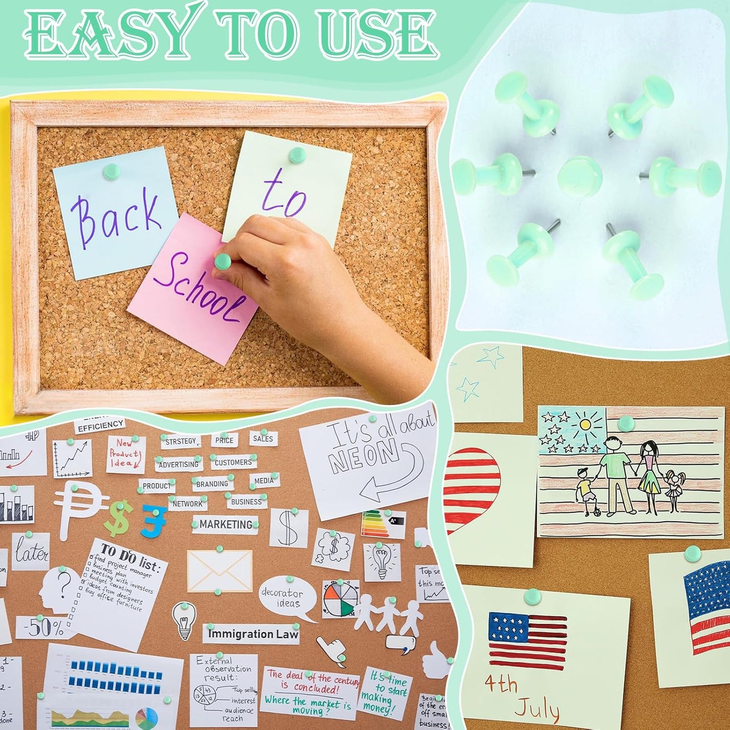 220 Count Green Push Pins, Standard Plastic Head Steel Point Thumb Tacks Decorative Push Pins for Cork Board Wall Hanging