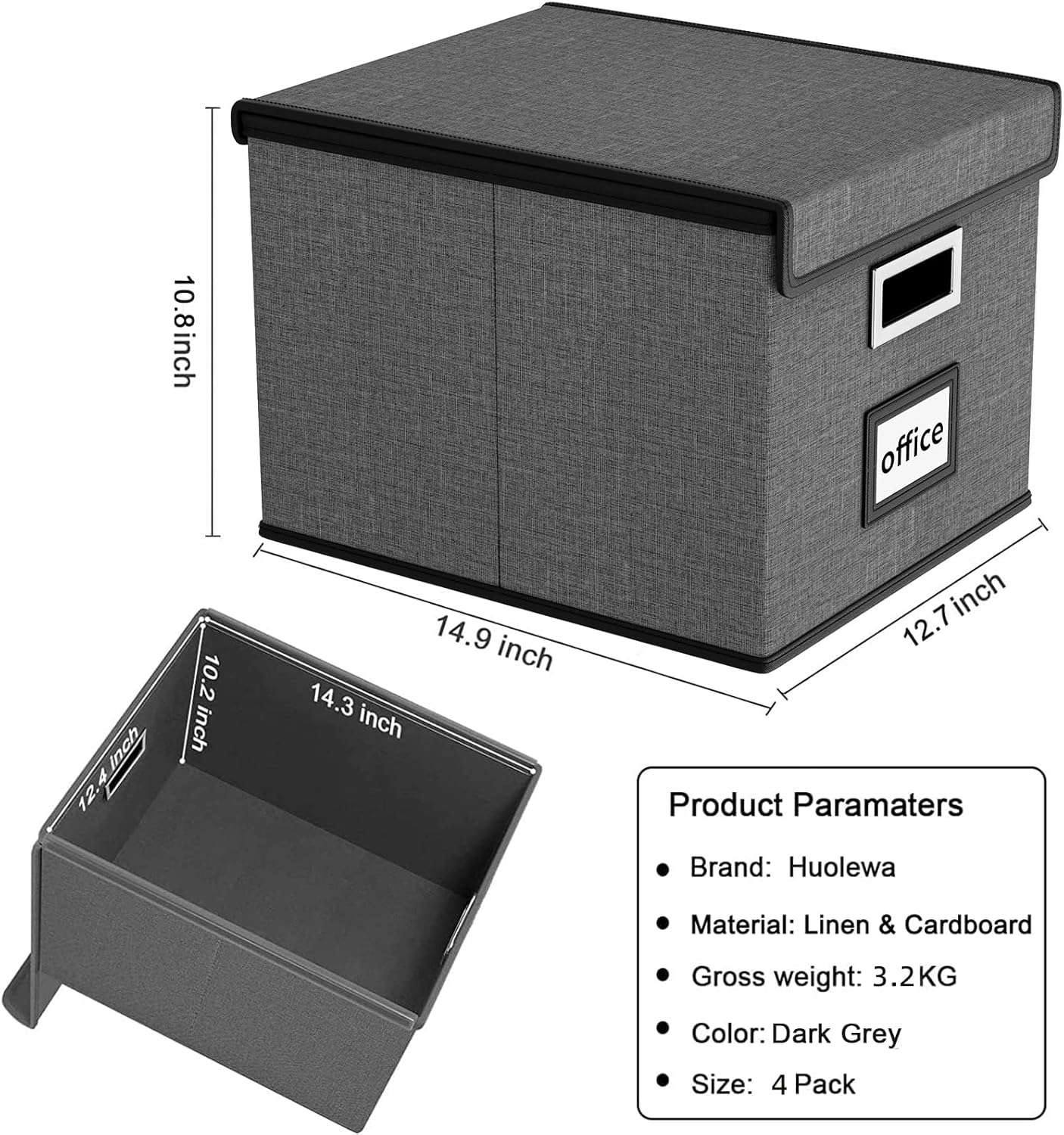 Huolewa File Organizer Box with Lid, Collapsible File Folder Organizer for Office Document Storage, Filing Box with Plastic Slide for Letter/Legal Size Hanging Files, Dark Grey