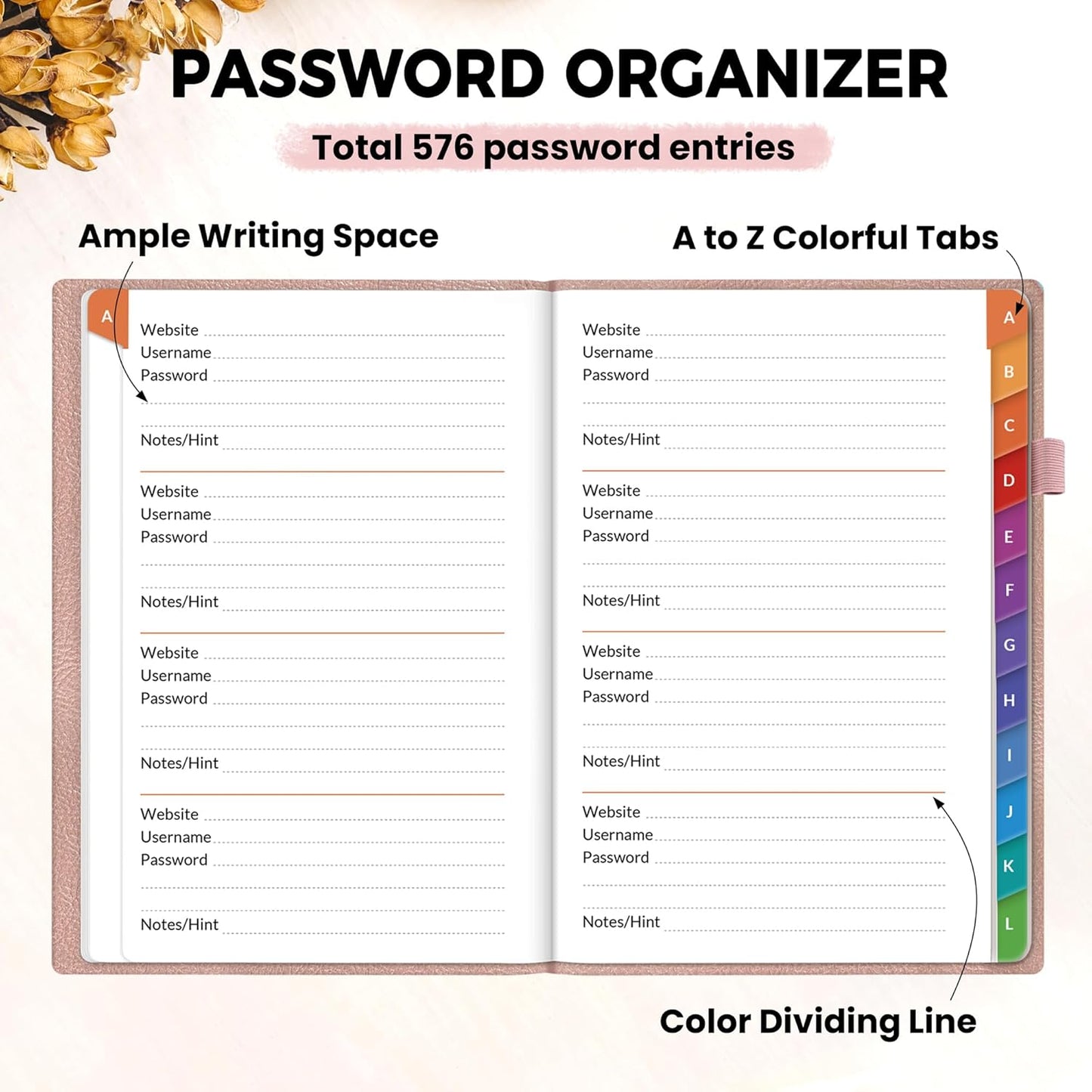SUNEE Password Book with Colorful Alphabetical Tabs, Password Books for Seniors, Password Keeper Book for Computer and Internet Address Website Login, 5.3''x 7.7''- Rose Gold