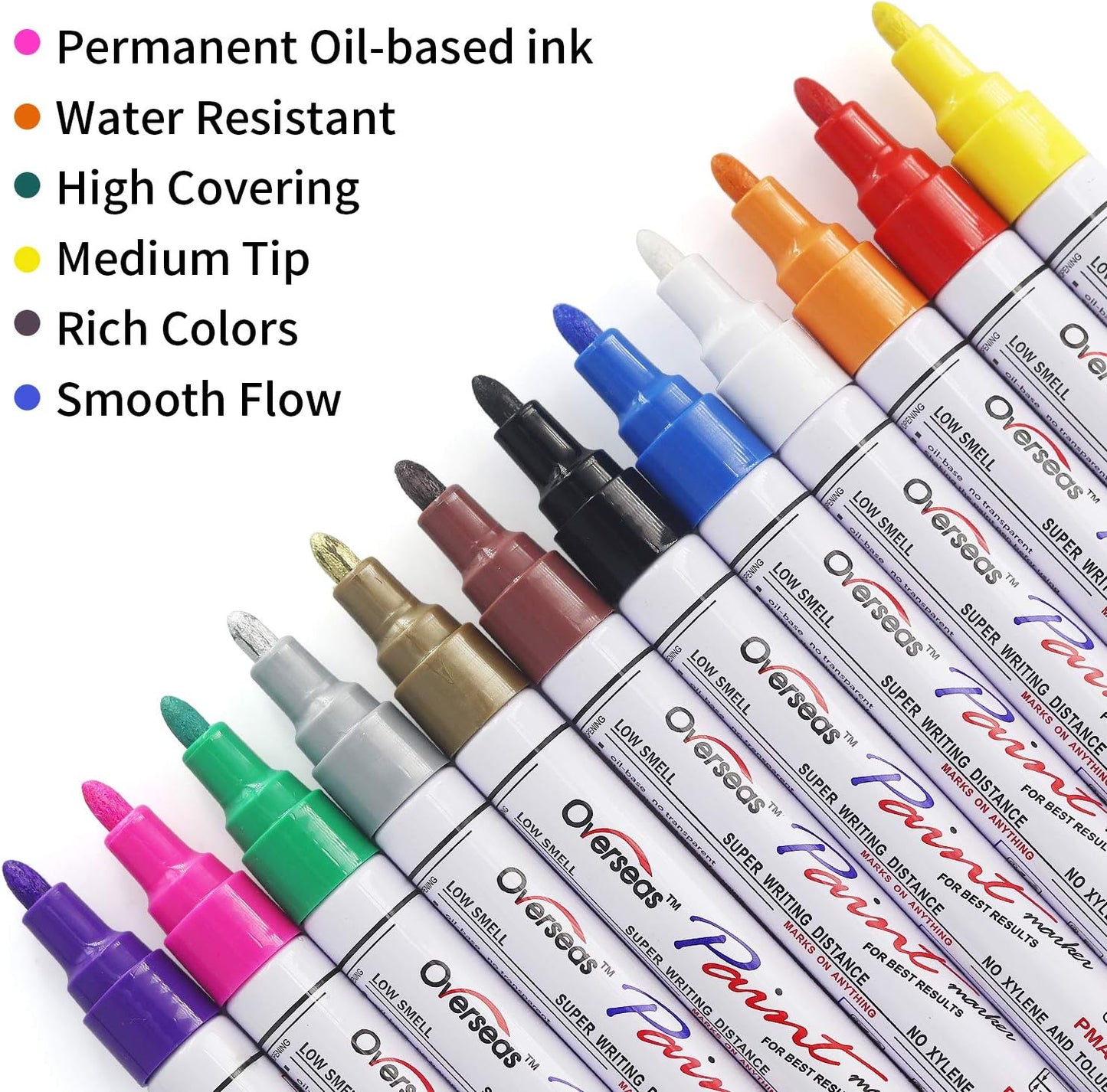 Overseas Paint Markers Pens, 12 Colors Painting Marker on Almost Anything, Quick Dry and Permanent, Oil-Based Paint Pens Set for Rock, Wood, Metal, Fabric, Plastic, Canvas, Glass, Rubber, DIY Craft