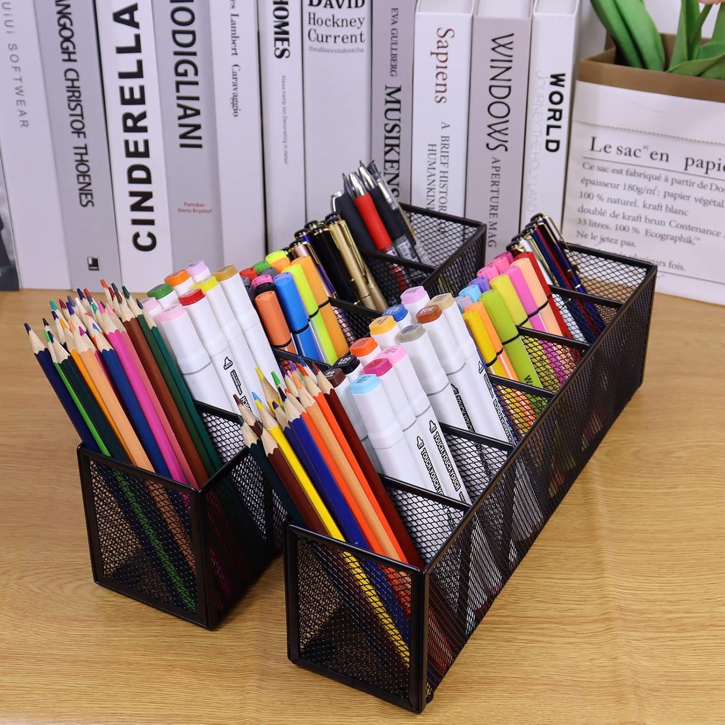 2PCS Black Mesh Pen Pencil Holder, Small Metal Desk Organizer Desktop Stationery Office Supplies Acessories Storage Stand, 6 Compartments Brushes Holder for Home School Classroom Teachers