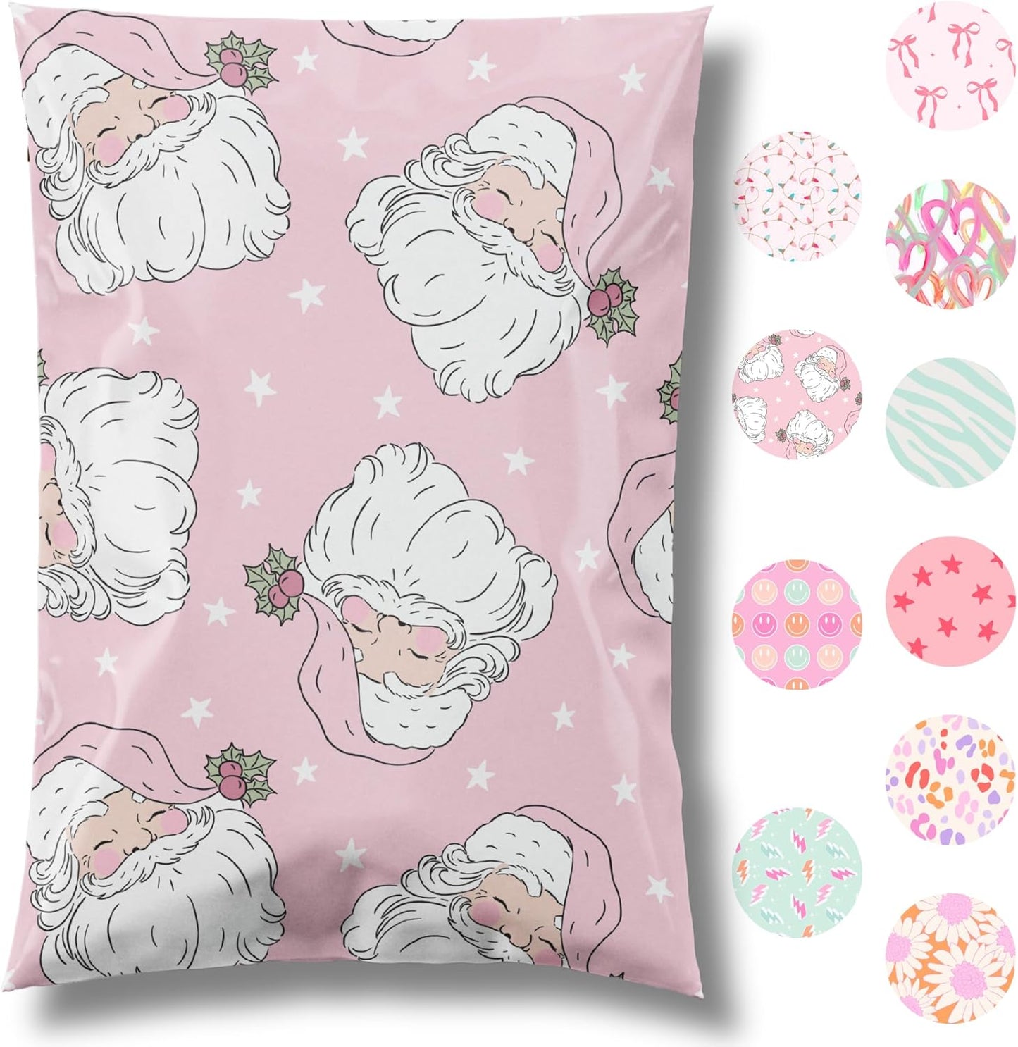 6x9 Designer Christmas Holiday Poly Mailers 100 Pack Heavy Duty Waterproof Self Seal Shipping Bags Large Mailing Envelopes Bulk Tear Resistant Cute Packaging Pink Santa