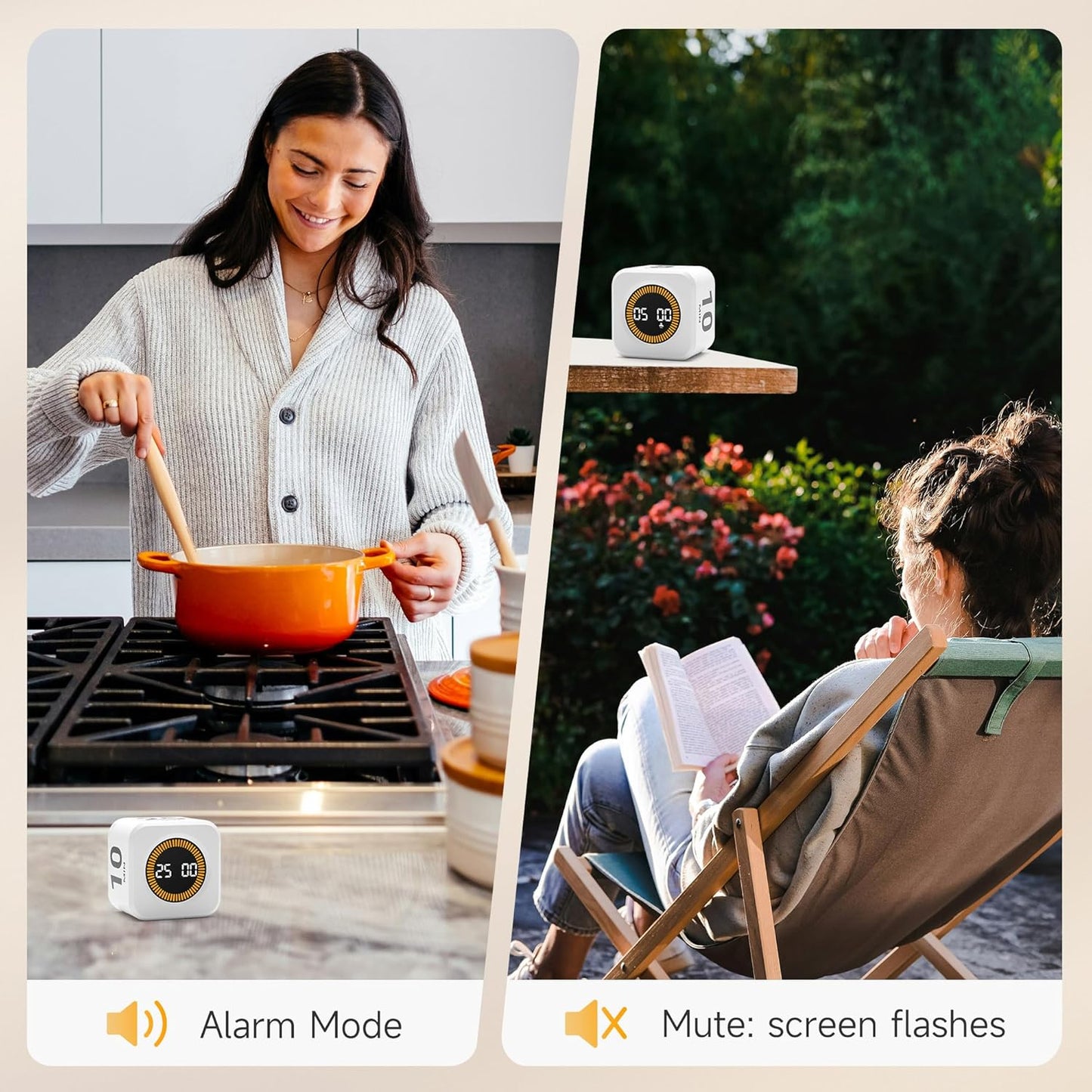 Rotating Productivity Timer 5, 25, 10, 50 Minutes Preset, Desk Cube w/Gravity Sensor for ADHD, Mute Functions, Ideal for Work, Study, Kitchen, Back to School (1, White)