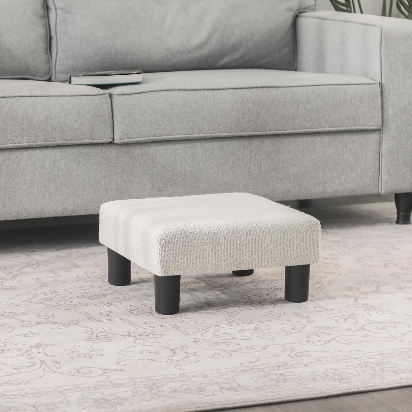 Joveco Small Foot Stool Ottoman, Cotton Line Square Footstool Upholstered Footrest Foot Rest for Chair, Under Desk, Office, Living Room, Pinstripe White