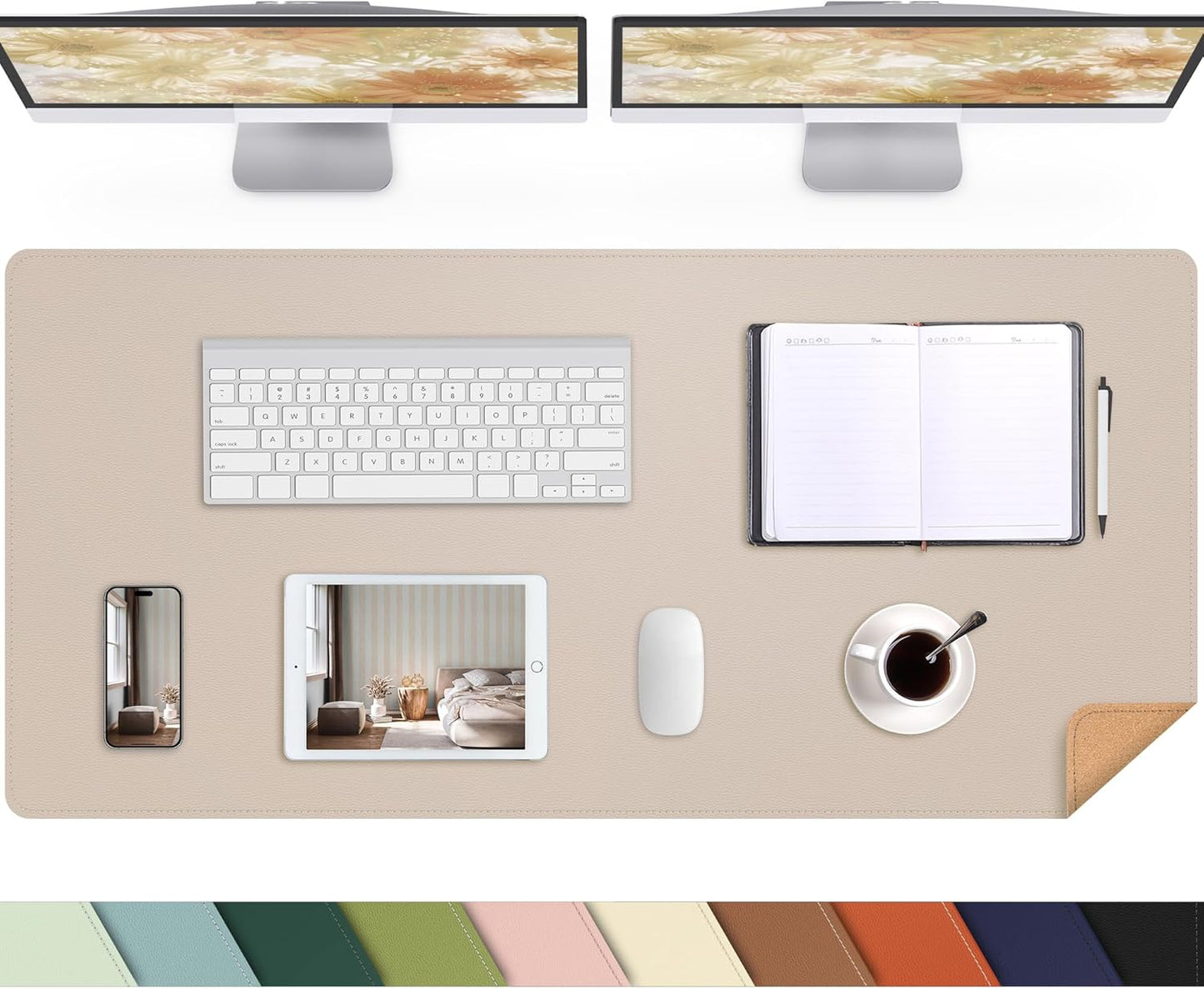 AFIING Leather Desk pad Protector, Large Non-Slip Office Desk Mat with Natural Cork & PU Leather, Waterproof Writing Mouse Pad for Office and Home (55in*17in,Beige)