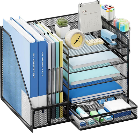 Lavatino Desk Organizer with File Holder, 5-Tier Paper Letter Tray Organizer with Sliding Drawer and 2 Pen Holder, Mesh Desktop File Organizer for Office Supplies (Black)