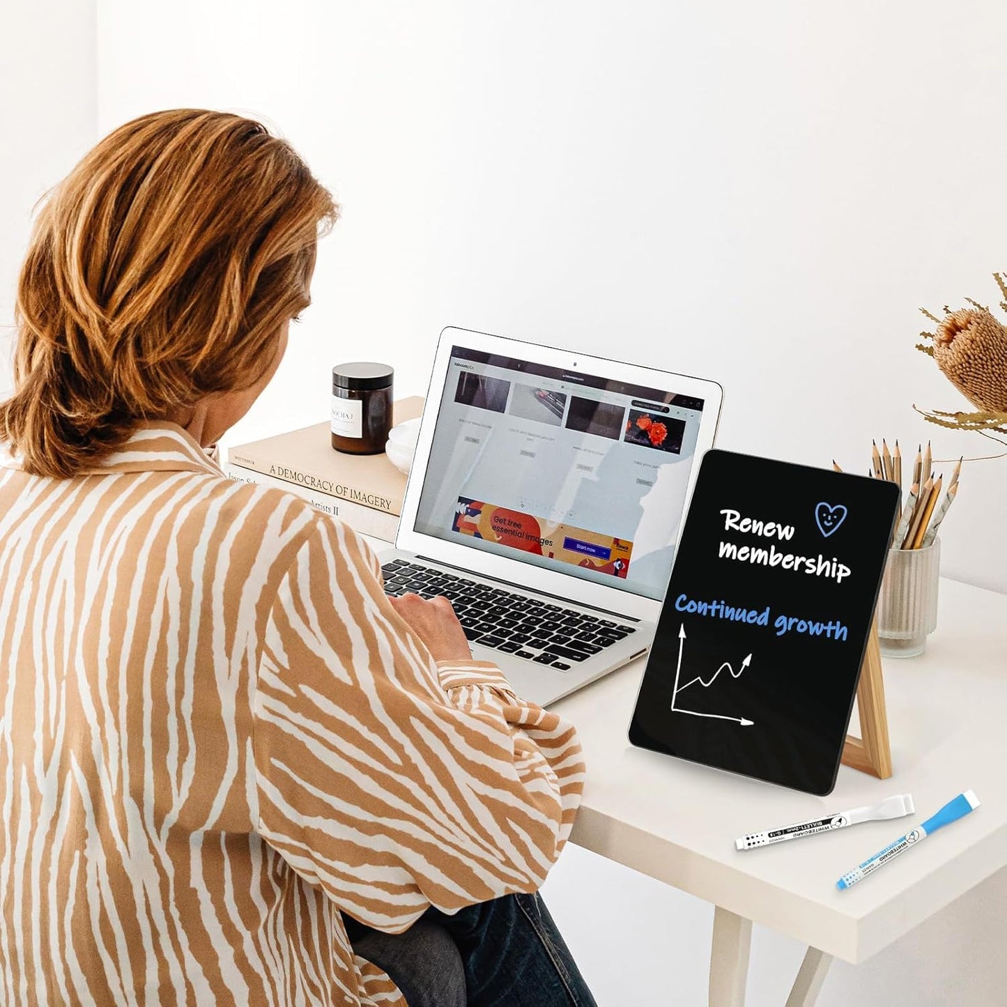 WALGLASS Desktop Black Glass Dry Erase Board 9.5"x 6.7" with Reversible Wood Stand, Small White Board, Portable Whiteboard for Desk, Reusable Desk Notepad with 2 Markers&Eraser for Home, Office