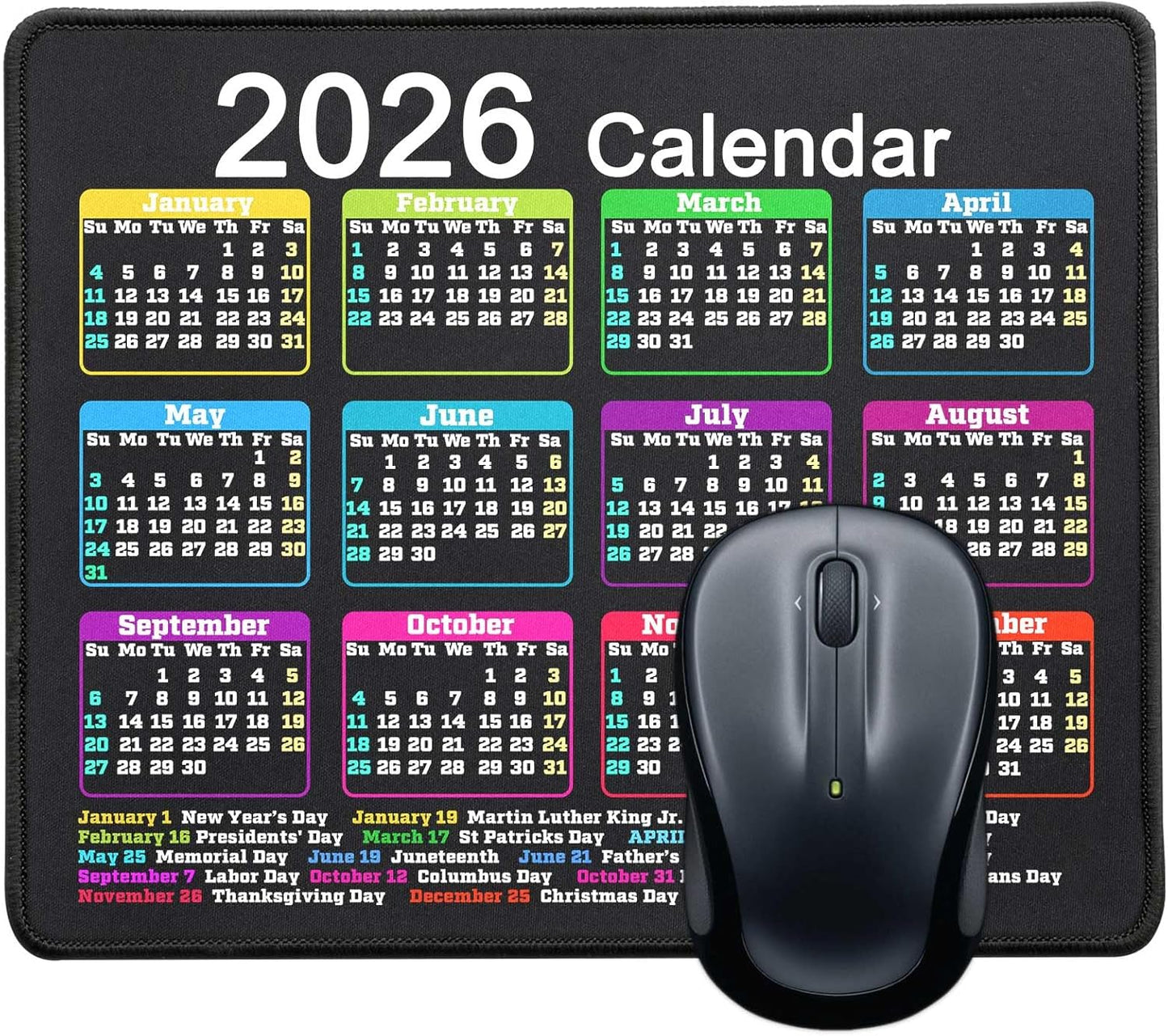 Mouse Pad with Non-Slip Rubber Base, Waterproof Computer Mousepad with Stitched Edges, Mouse Pads for Computers, Laptop, Gaming, Office & Home, 9.5 x 7.8 in (Black Calendar 2026)