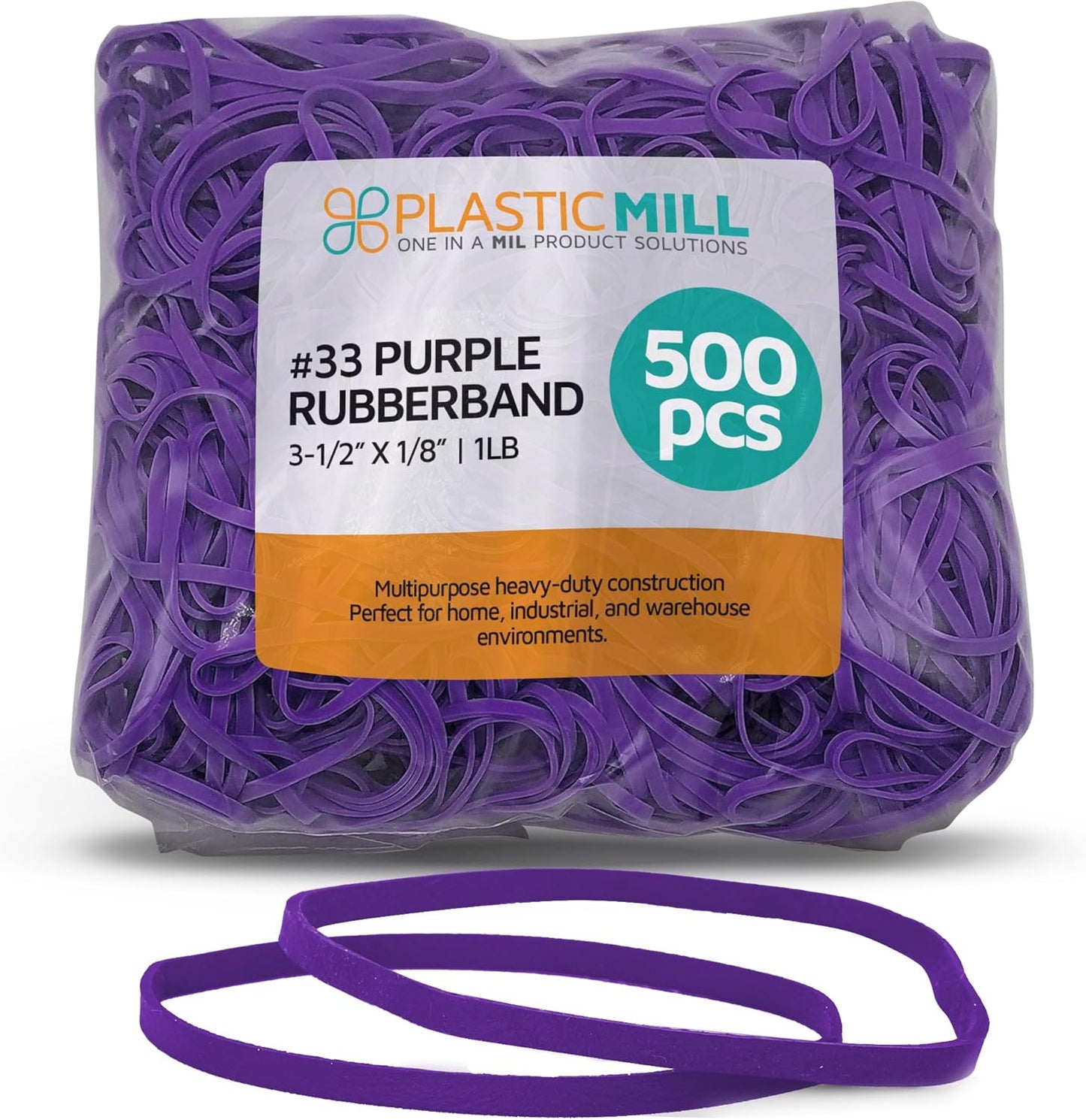 PlasticMill Purple Rubber Bands Size 33 (3 1/2" x 1/8") - #33 Colored Rubber Bands Office Supplies - Strong, Elastic Bands for Crafts, Balloon Garland, Cash, File Folders (500-Pack)