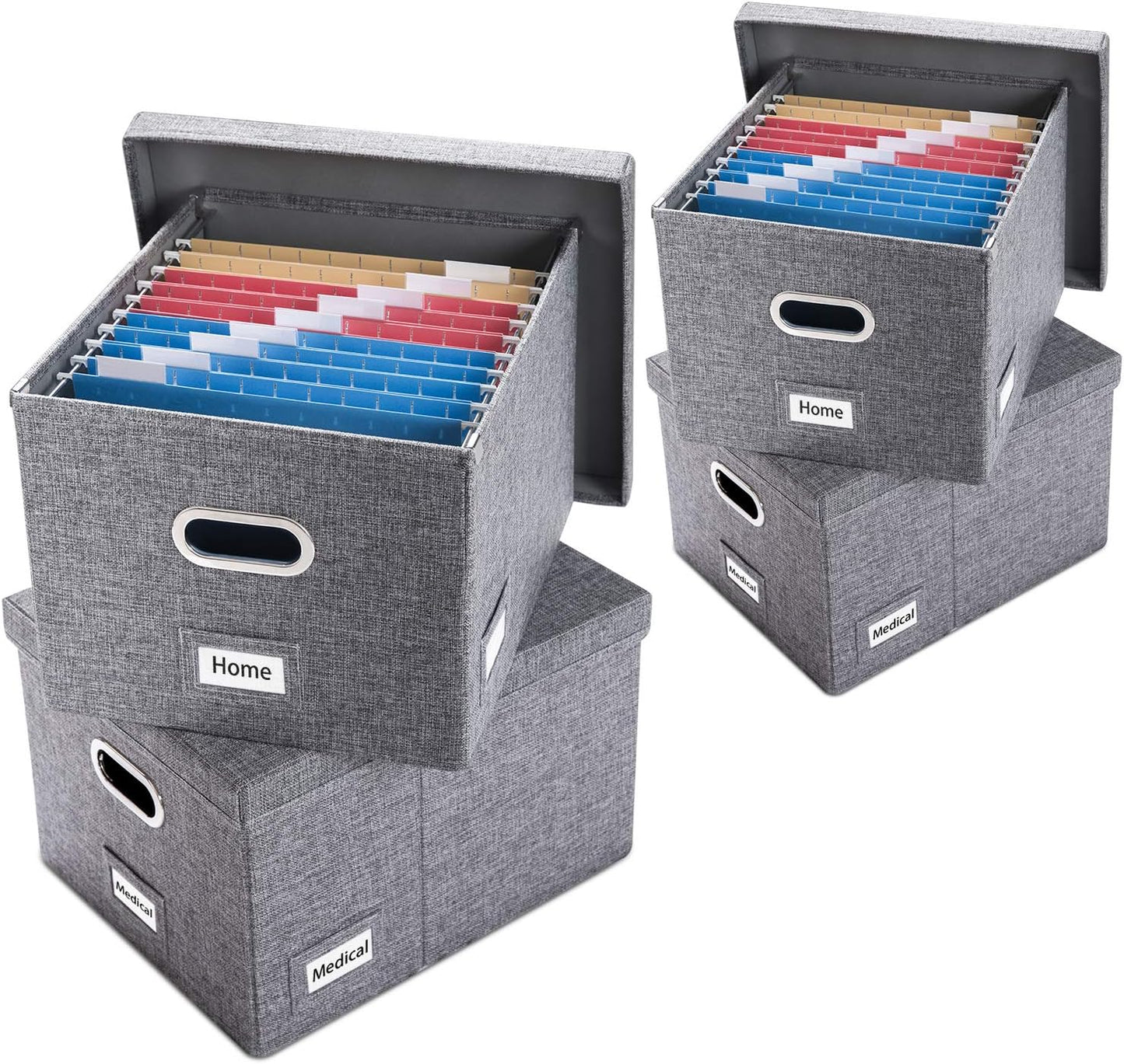 PRANDOM File Organizer Box - Set of 4 Collapsible Decorative Linen Filing Storage Hanging File Folders with Lids Office Cabinet Letter/Legal Size Grey 17.1x14x11.1 inch
