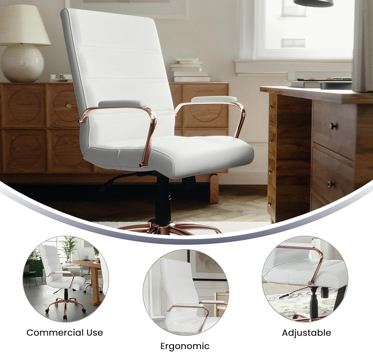 Flash Furniture Whitney Mid-Back Swivel LeatherSoft Desk Chair with Padded Seat and Armrests, Adjustable Height Padded LeatherSoft Office Chair, White/Rose Gold