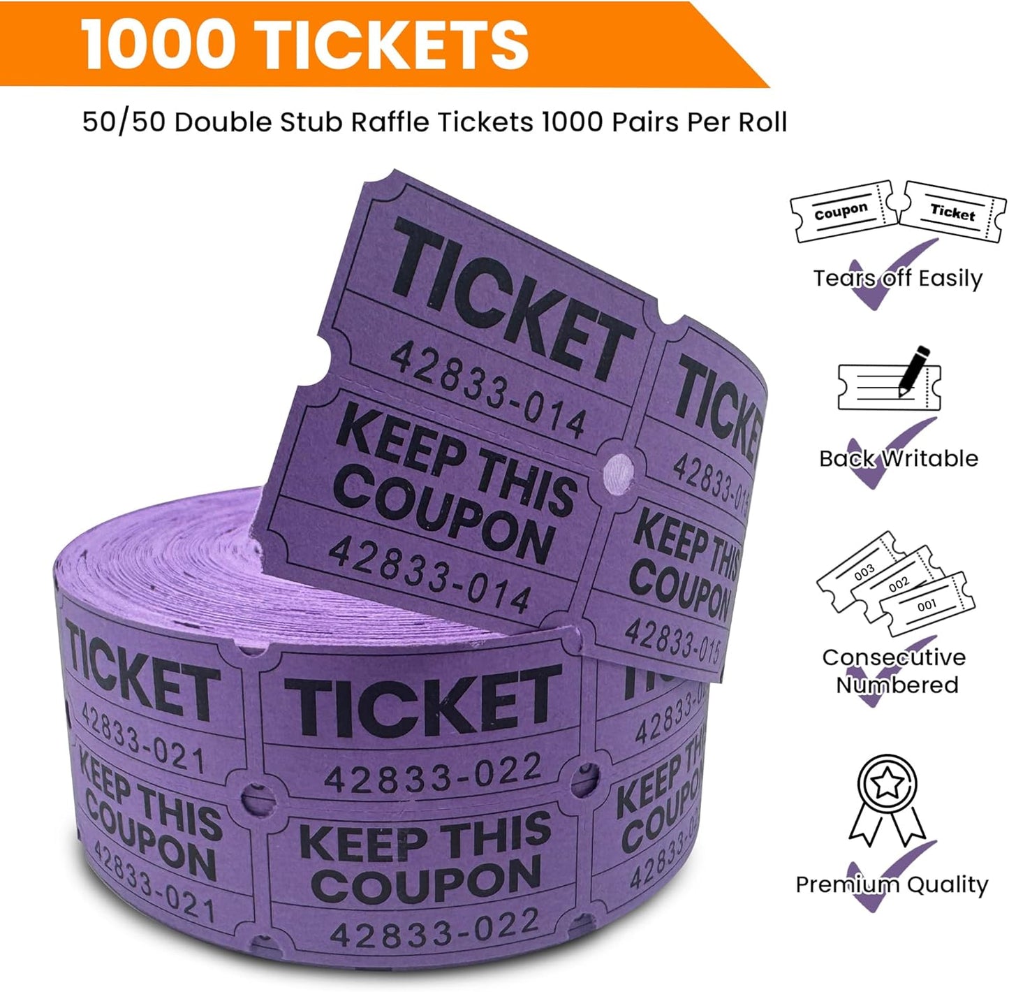Pm Company 1000 Raffle Tickets Double Roll, Purple 50/50 Raffle Tickets for Events, Carnivals, Fundraisers, Class Rewards, and Prizes - Premium Quality