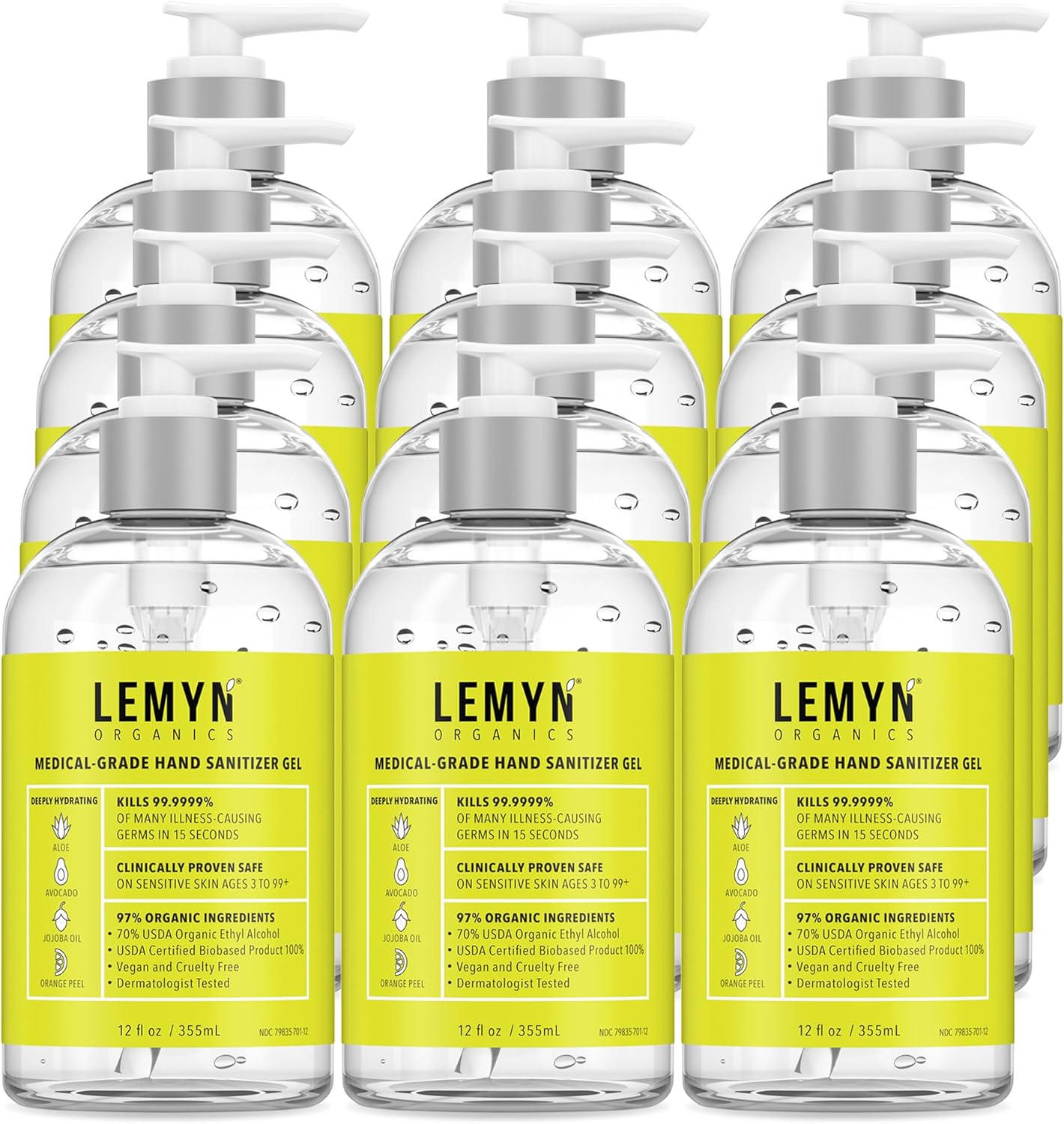 Medical Grade Hand Sanitizer Gel - 97% ORGANIC - 12 FL.OZ. (PACK OF 12)