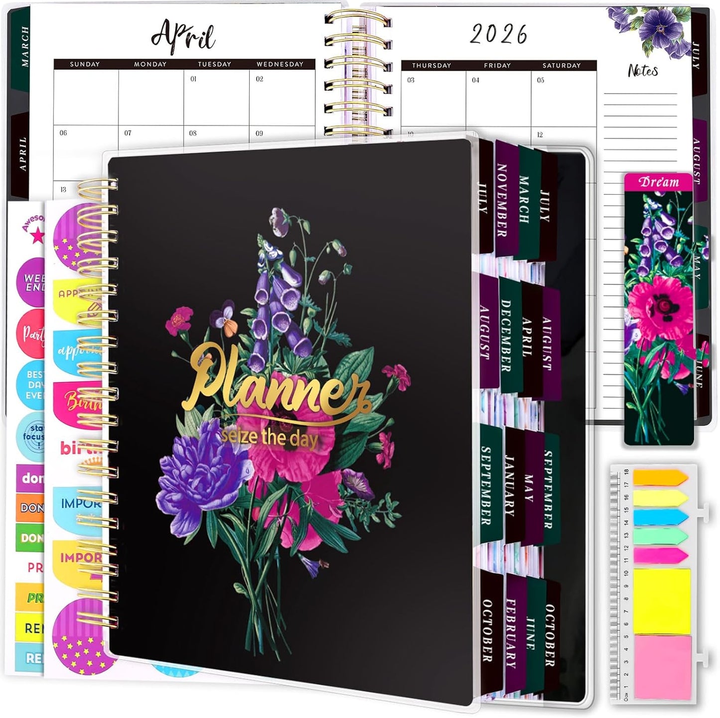 Planner 2025-2026, 18 Months Large Academic Daily Weekly Monthly Planner Organizer, July. 2025 - Dec. 2026, 8.5x9.8" Agenda with Page Tabs, Separator Page, Pocket Folder, Bookmark, Stickers & Sticky Note Set