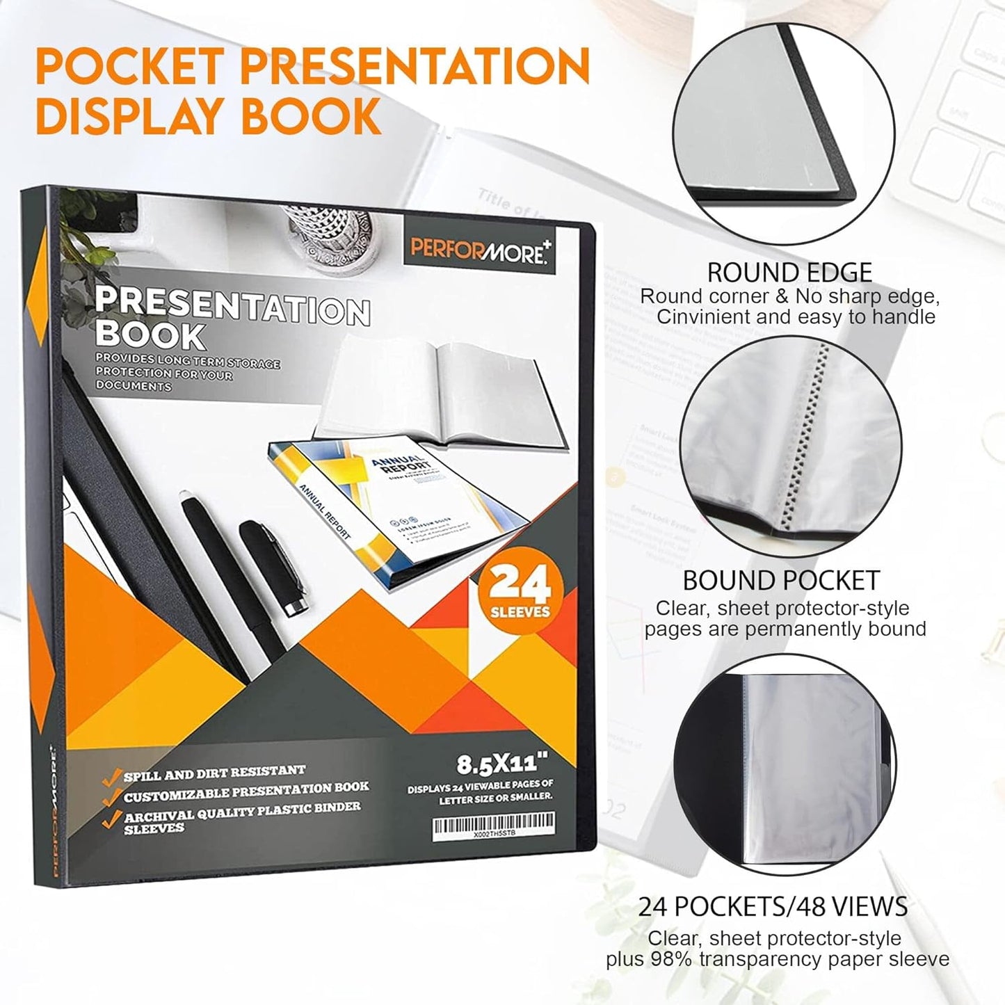 Performore 24-Pocket Presentation Book Folder | 8.5" x 11" Plastic Display Binder with Spill-Proof Clear Sleeves | Archival Acid-Free Portfolio for Certificates, Reports, and Documents (Black)