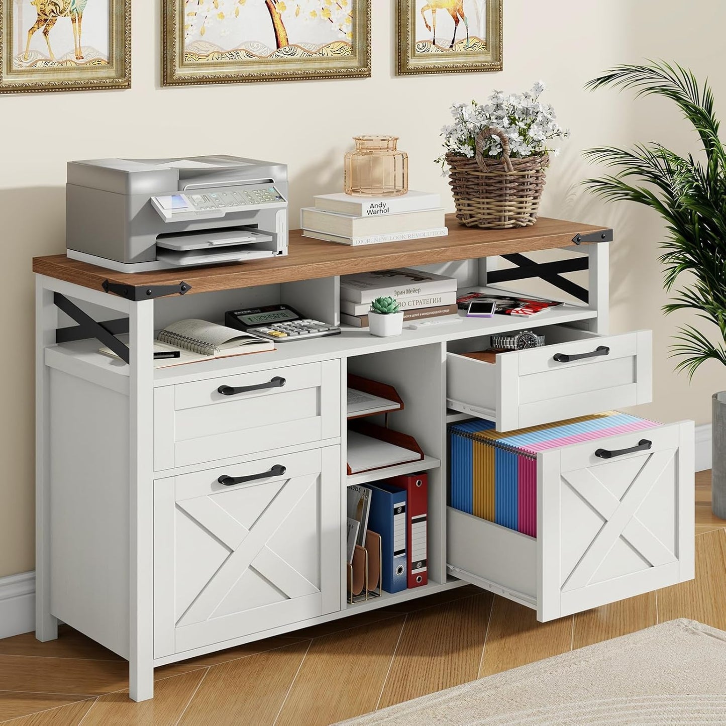 Farmhouse Filing Cabinet with Adjustable Shelf for Home Office, Lateral File Cabinets 4 Drawers with Open Storage Shelf, Filing Organization Storage Cabinets for Hanging Files Letter/A4.