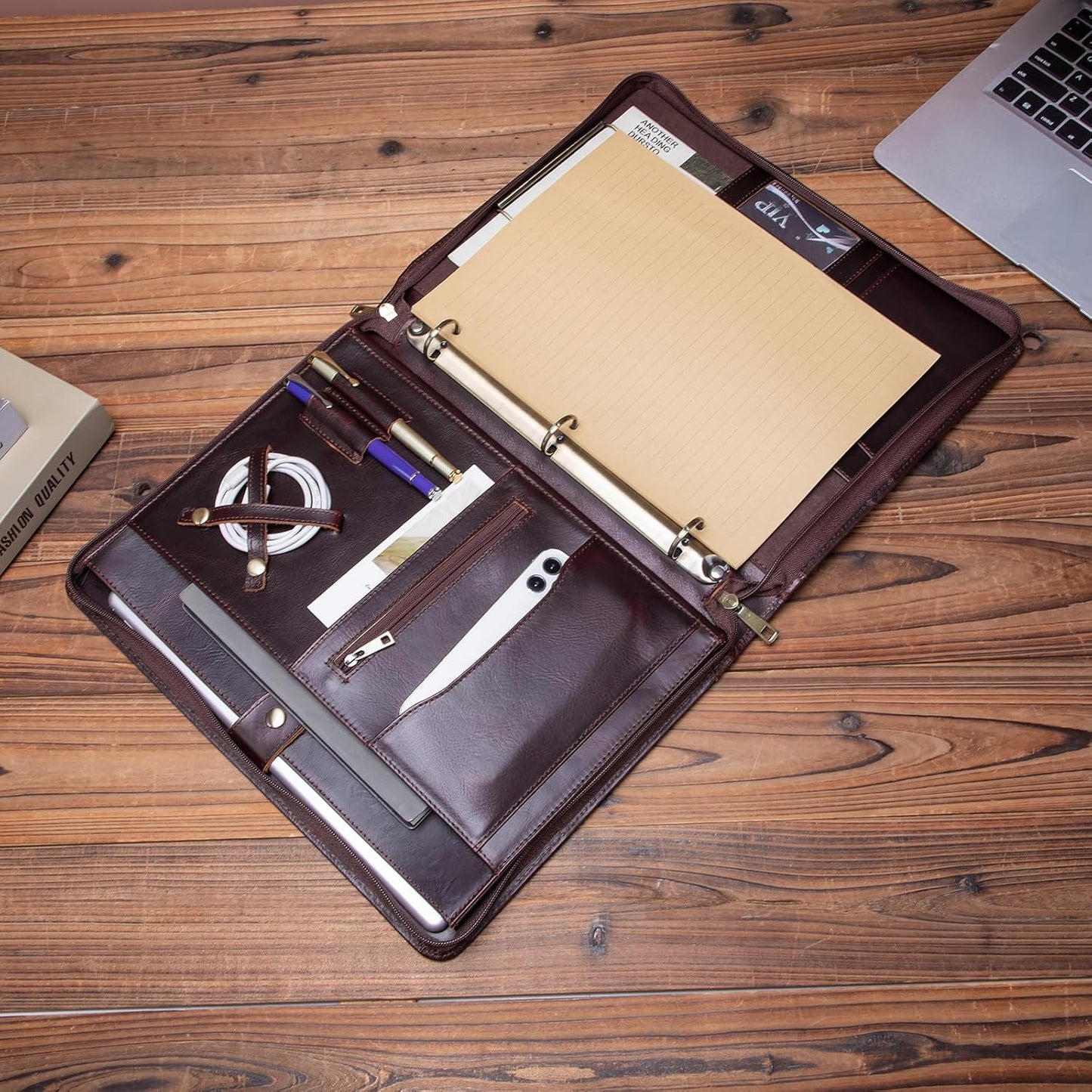 Genuine Leather Portfolio 3 Ring Binder with Clipboard, Hidden Handle, 8.5 x 11 Zippered Padfolio, Business Organizer Professional Executive Folio for Men and Women, Dark Brown, Oil Tanned