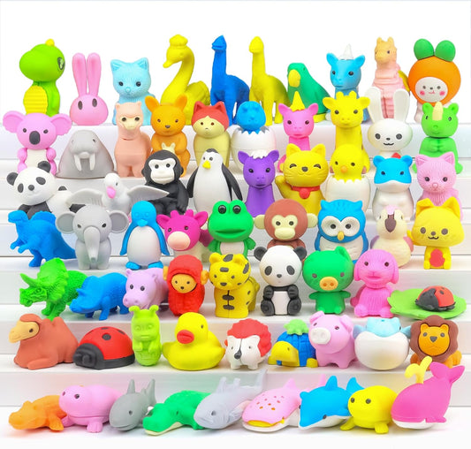 Animal Erasers for Kids, 65 Pcs Pencil Erasers Bulk Mini Animal Erasers Treasure Box Toys for Classroom Prizes School Supplies Party Favors