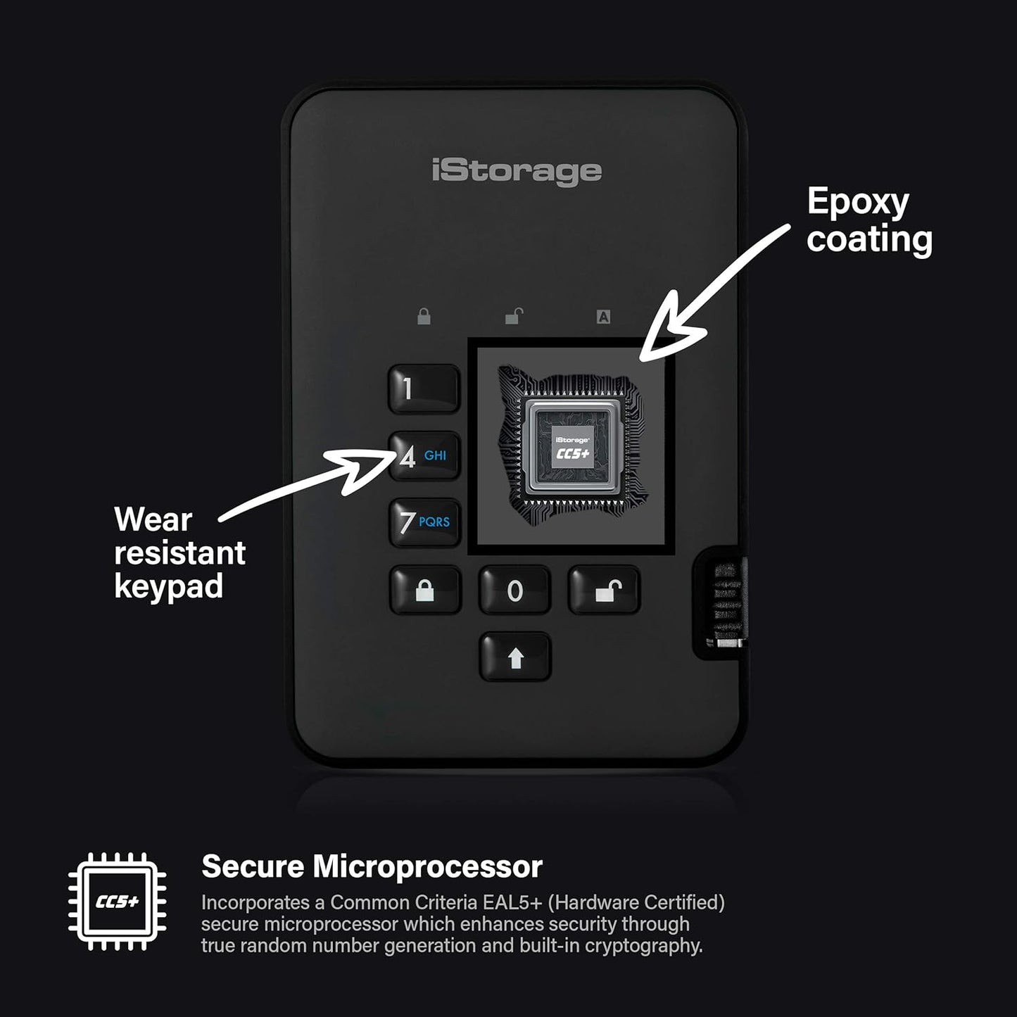 iStorage diskAshur2 HDD 3TB Black - Secure portable hard drive - Password protected - Dust & water resistant - Hardware Encryption