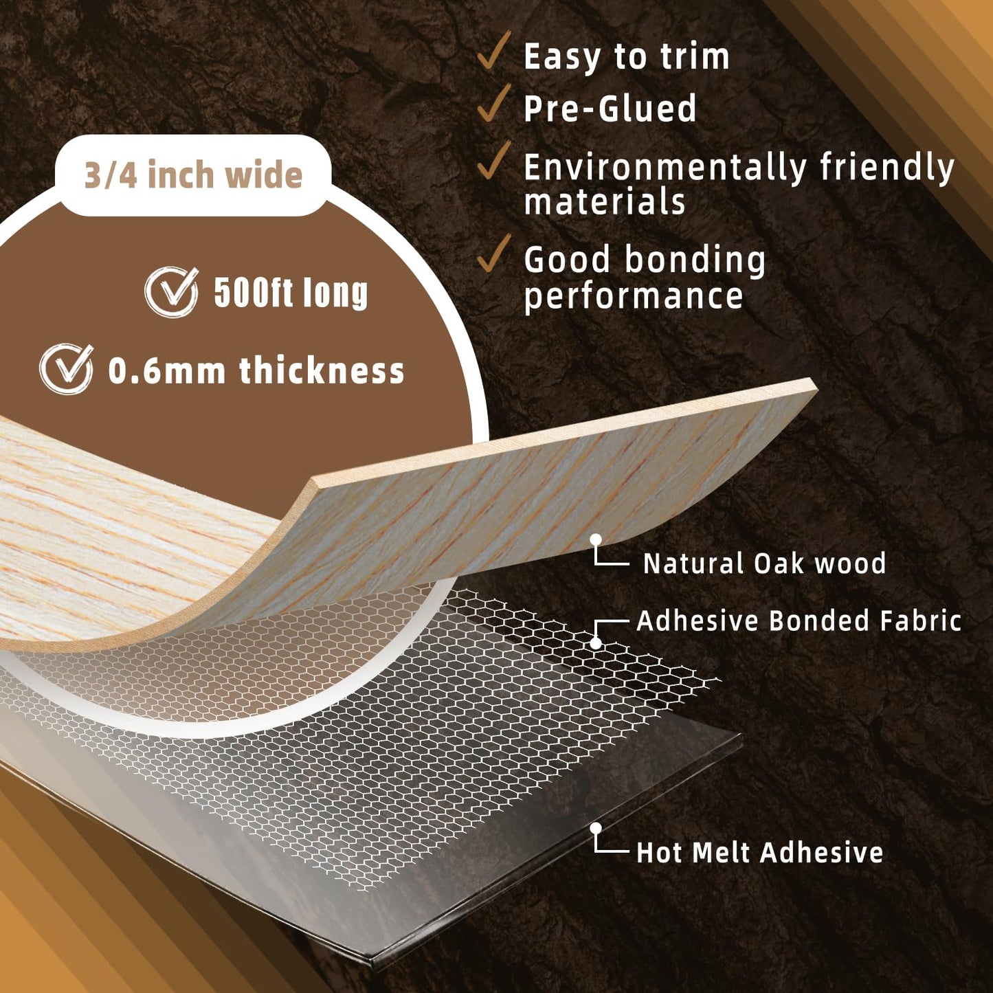 GSCIT Club Oak Edge Banding, 3/4 inch x 500ft roll of Veneer Edge Banding Preglued Flexible Wood Tape for Furniture Repair