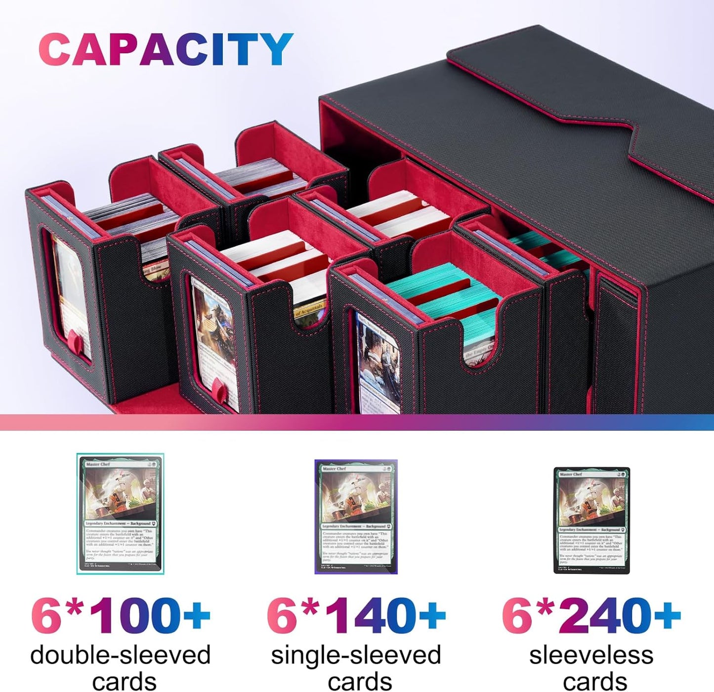 Commander Deck Box for MTG, 6-Deck Modular Card Case with Dice Tray Holds 600+ Double-sleeved Cards, Removable Trading Cards Storage Box with 35PT Magnetic Card Holders for TCG, Black Red