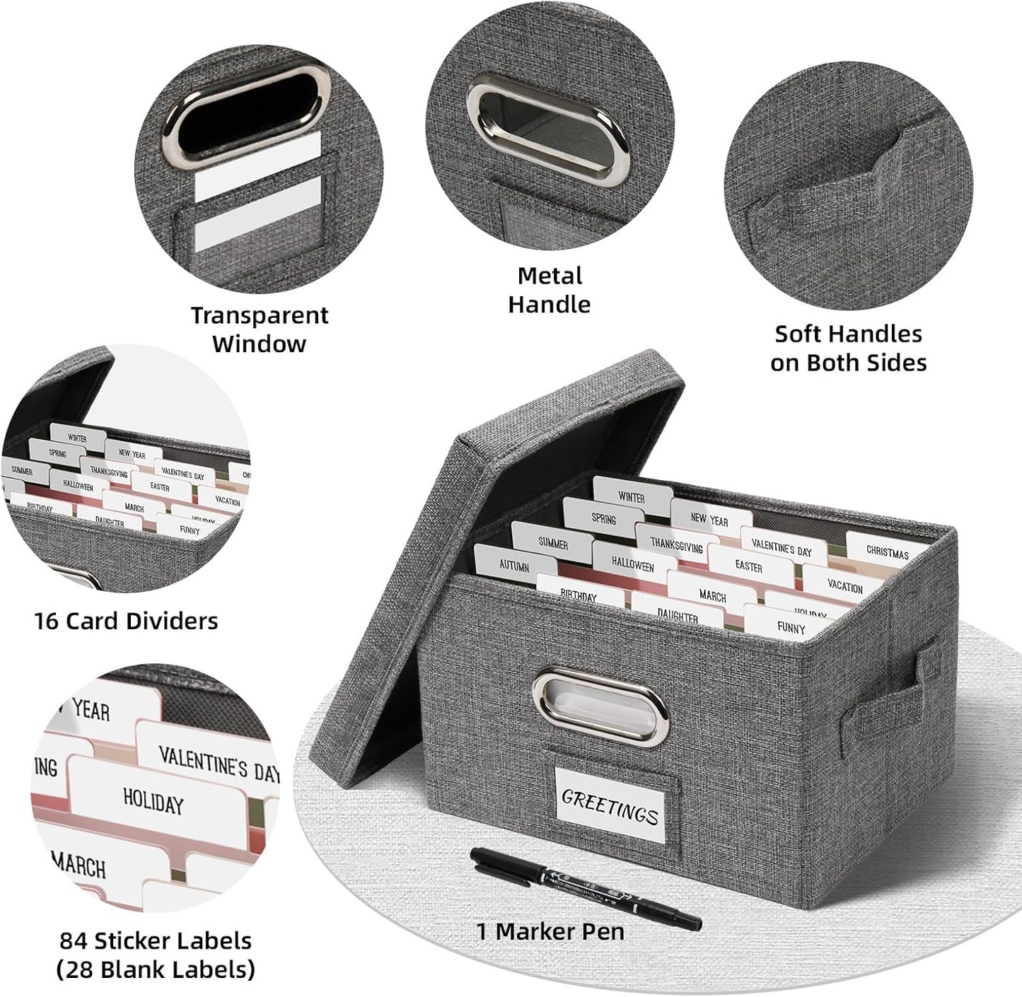 Greeting Card Storage Box, Linen Storage Box with 16 Adjustable Dividers, 84 Labels, 1 Marker Pen, Perfect for Organizing Greeting Cards, Envelopes, Photos 1 Pack Grey