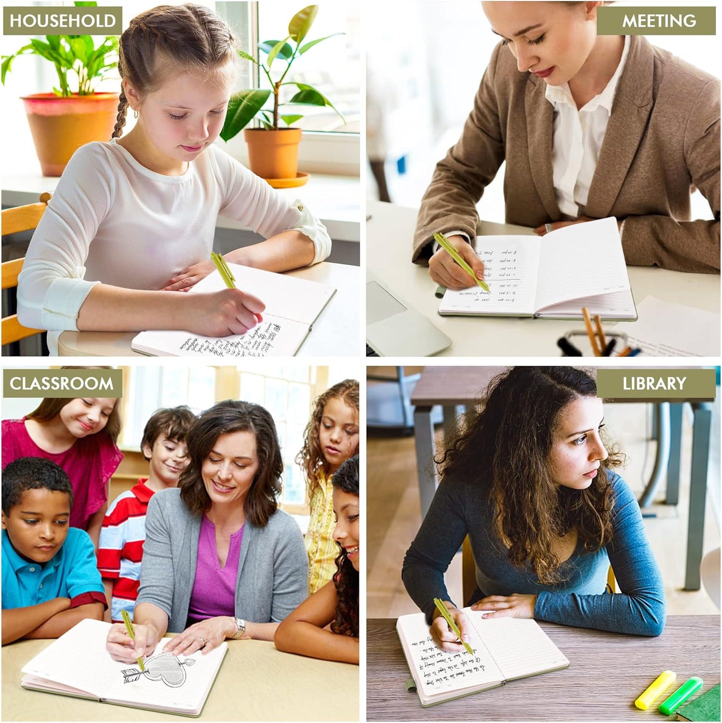 feela 5 Pack Notebooks Journals Bulk, Hardcover Classic Ruled Lined Journals with Pen Holder for Women Girls School Business Supplies, with 5 Black Pens, 120 GSM, 5.1”x8.3”, A5, Avocado Green