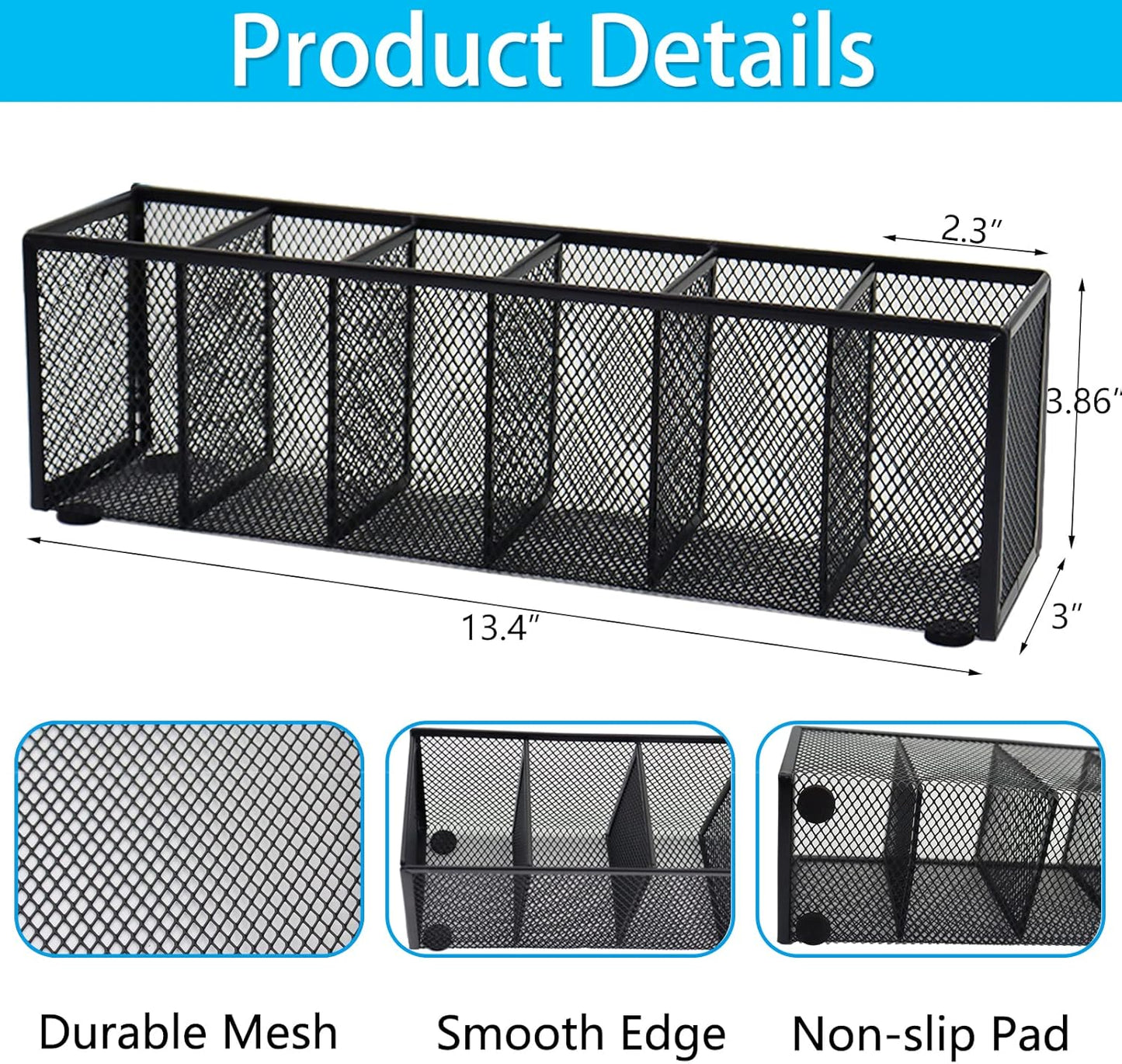 Black Mesh Pen Pencil Holder, Small Metal Desk Organizer Desktop Stationery Office Supplies Acessories Storage Stand, 6 Compartments Brushes Holder for Home School Classroom Teachers