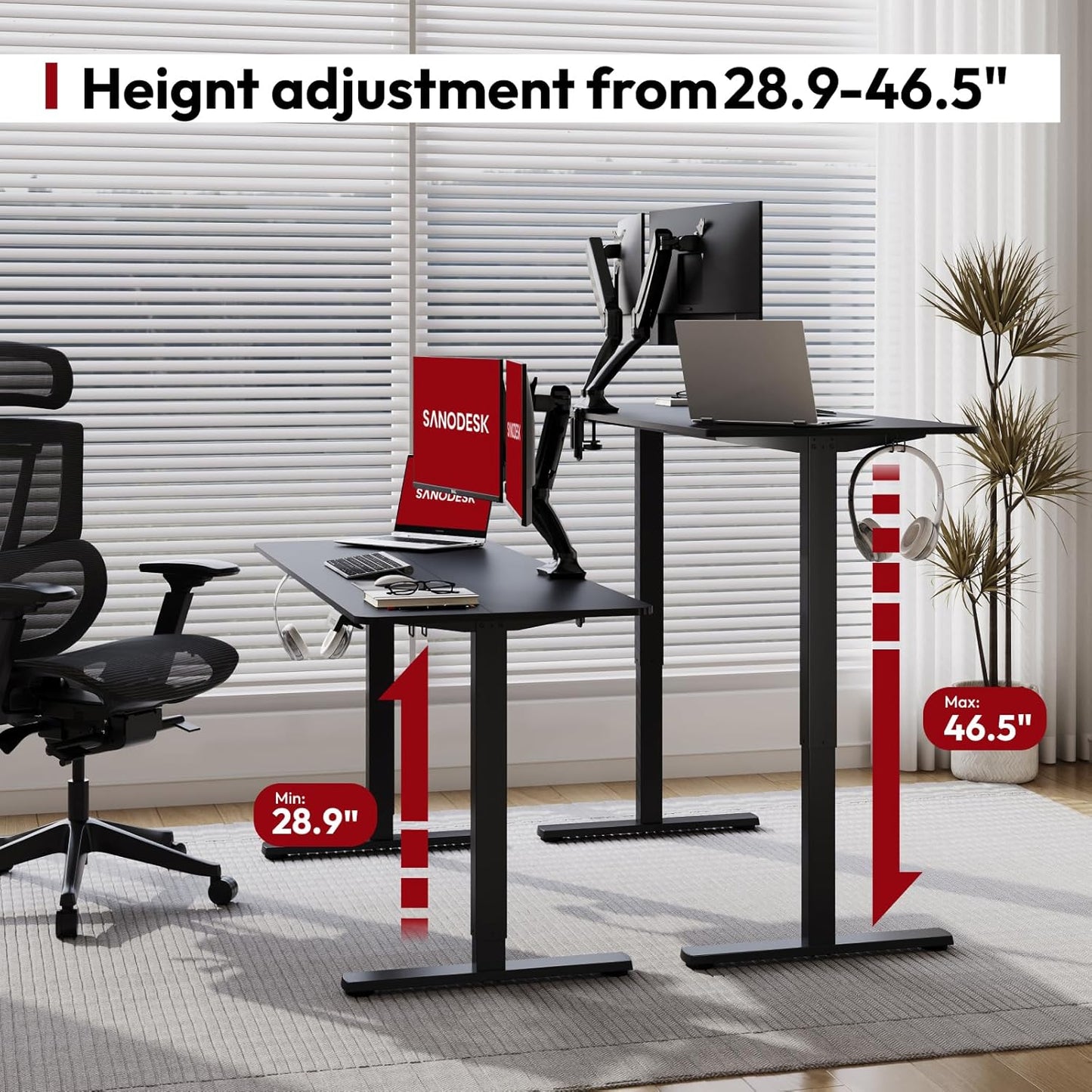 SANODESK Electric Standing Desk 48x24 Inch Height Adjustable Stand Up Desk Home Office Computer Workstation Sit Stand Home Office with Splice Board (Black Frame + Black Top)