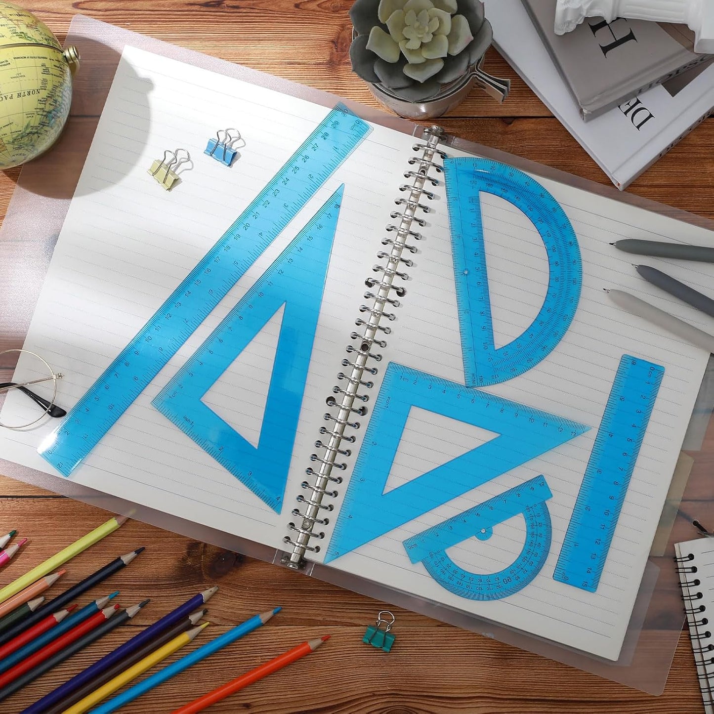 Tenare 6 Pcs Plastic Ruler Math Set Includes 12 Inch 6 Inch Straight Protractor Triangle Geometry Transparent Math Ruler Measuring Tools for School Office Home(Blue)