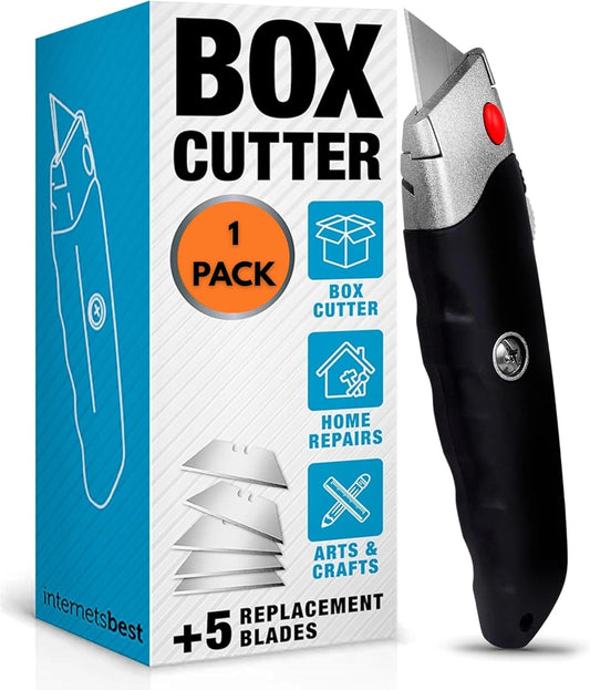 INTERNET'S BEST Premium Utility Knife | Retractable Box Cutter with Rubber Handle | Heavy-Duty Cutting for Cardboard, Carpet, Plastic | Retractable Blade | Includes 1 Razor Knife & Extra Blades