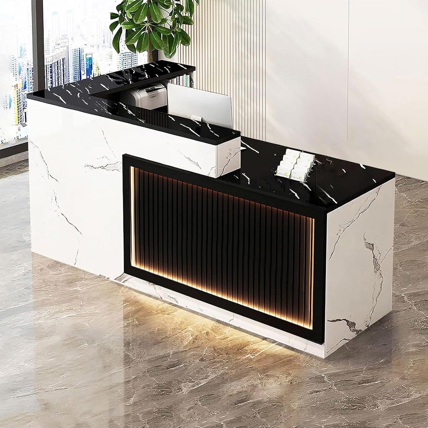 Modern Reception Desk with Counter and Drawer Office Front Desk with Cabinet Wooden Commercial Reception Table Checkout Counter for Retail Salon Lobby White and Black Right 71inch/180cm