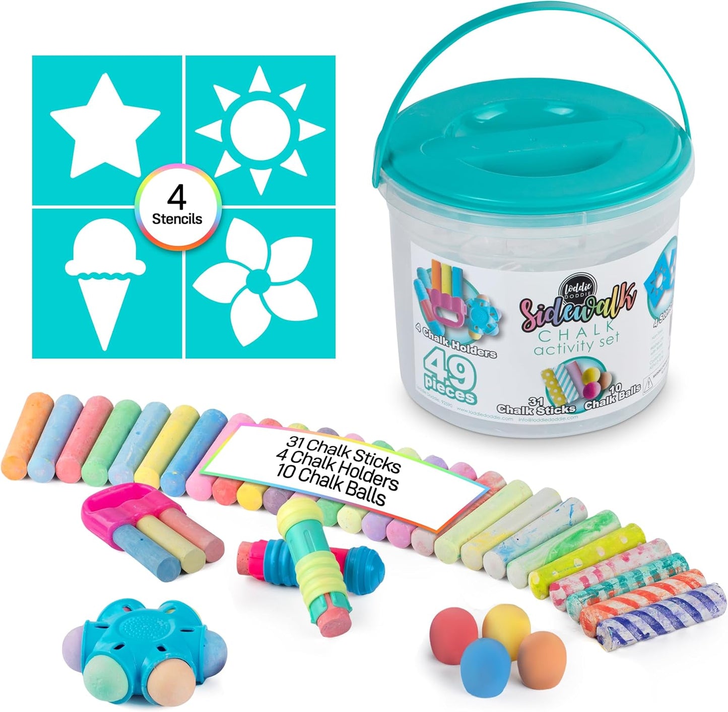 Loddie Doddie 49pc Sidewalk Chalk Bucket – Outdoor Activity Play Set for Kids, 31 Assorted Chalk Sticks, 4 Holders, 10 Ball Refills, 4 Stencils, Outdoor Water Play, Washable, Reusable Bucket