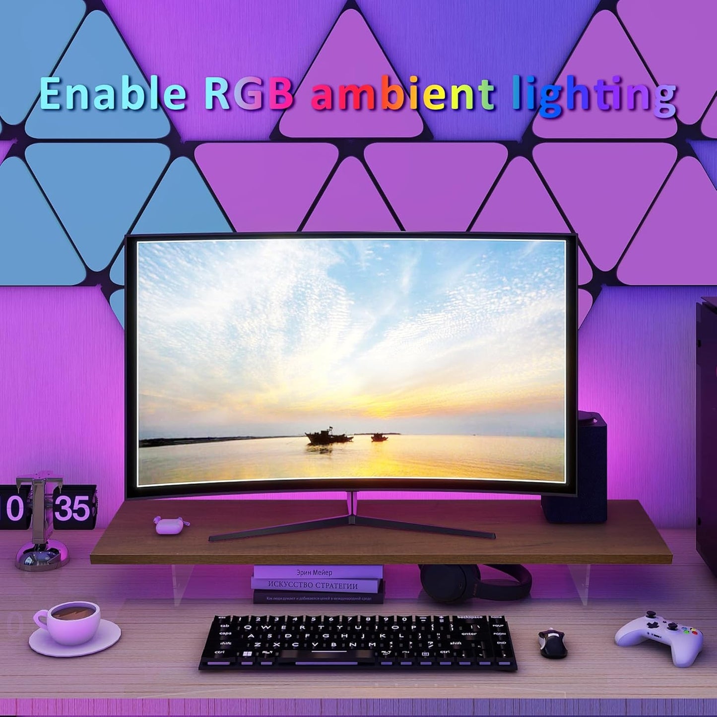 Monitor Stand Riser,Wood & Acrylic Computer Monitor Stand with LED Light,Desk Accessories Desktop Organizer Stand for Computer,Laptop,Printer,PC & TV Screen