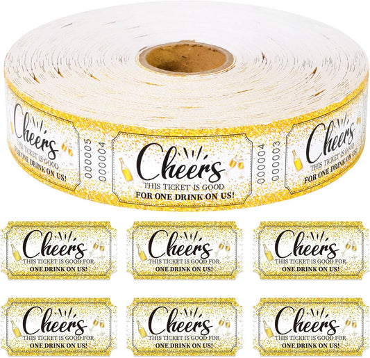 1000 Pcs Drink Ticket Single Raffle Tickets Roll Golden Sequins Cocktail Design Cheers Free Drink Ticket for Events Wedding Work Formal Parties Leisure Class Reward