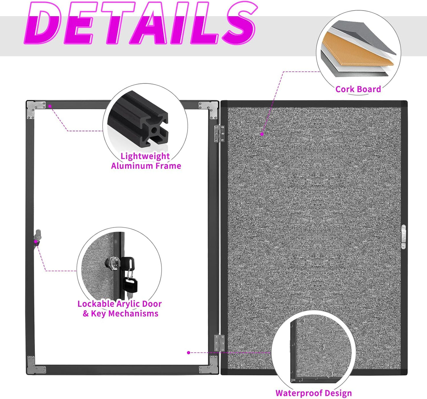 Outdoor Enclosed Bulletin Board, Grey Felt Weatherproof Notice Noticeboard with Clear Acrylic Locking Door, Wall-Mounted Black Aluminum Framed Display Case,36x24in (5xA4)