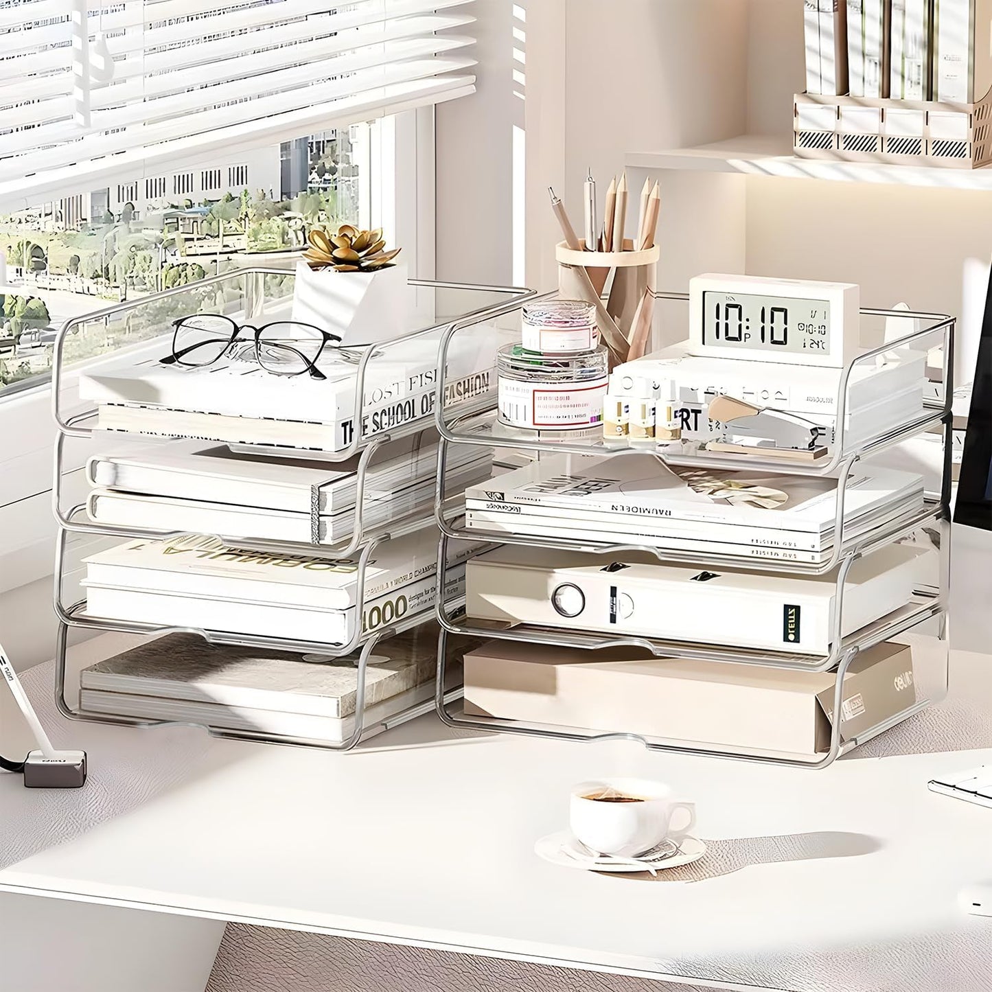 4-Tier Paper Organizer for Desk, Stackable Desk Organizer Paper Tray, Ideal for Office Supplies, A4 Storage (Clear, 4-Tier)