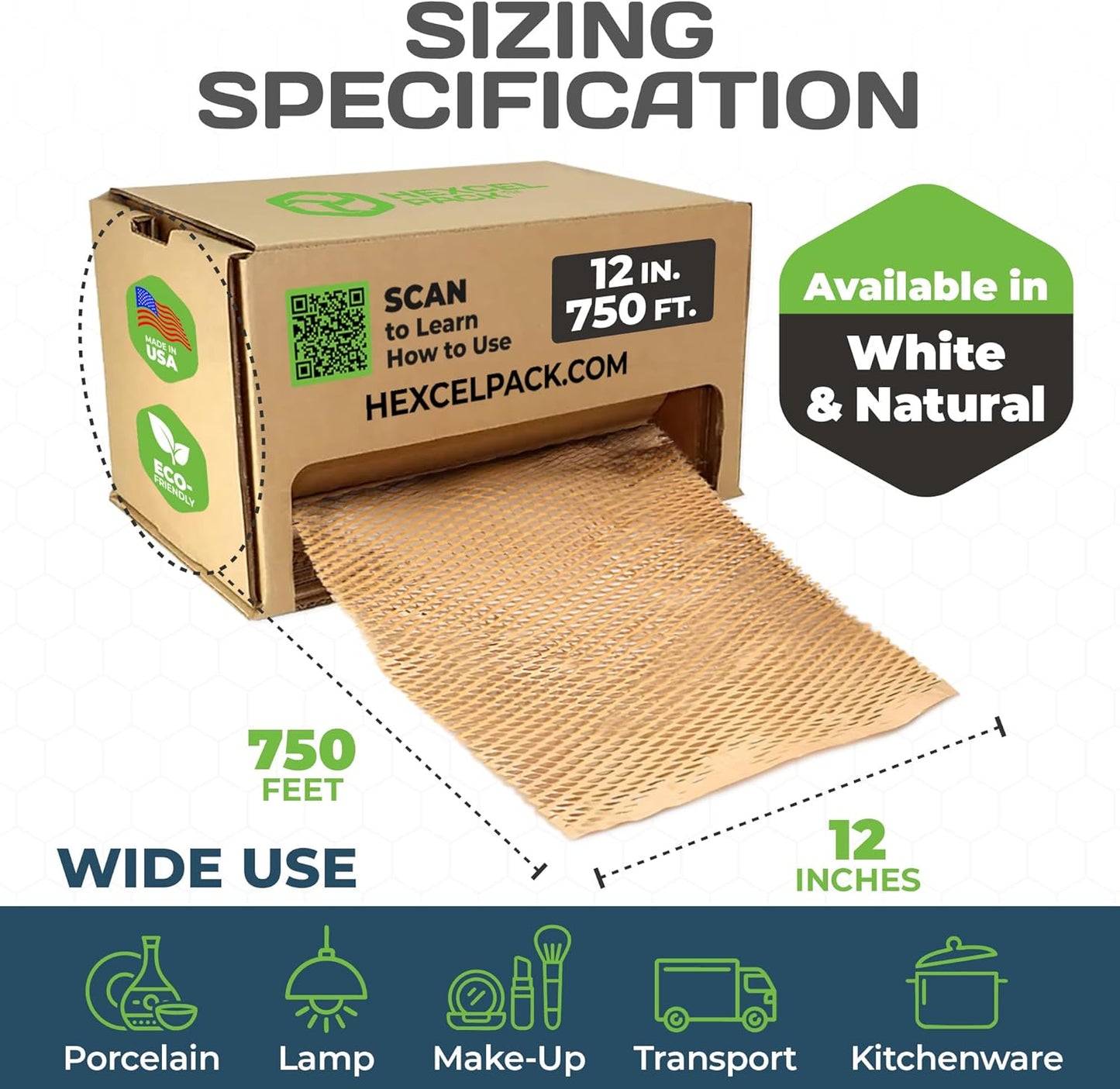 HexcelWrap Mini - Honeycomb Packing Paper, Eco-Friendly, Sustainable Paper Bubble Wrap for Shipping & Moving, Cushioned Packing Material in Easy Self-Dispenser Box - Natural, 12" x 750'