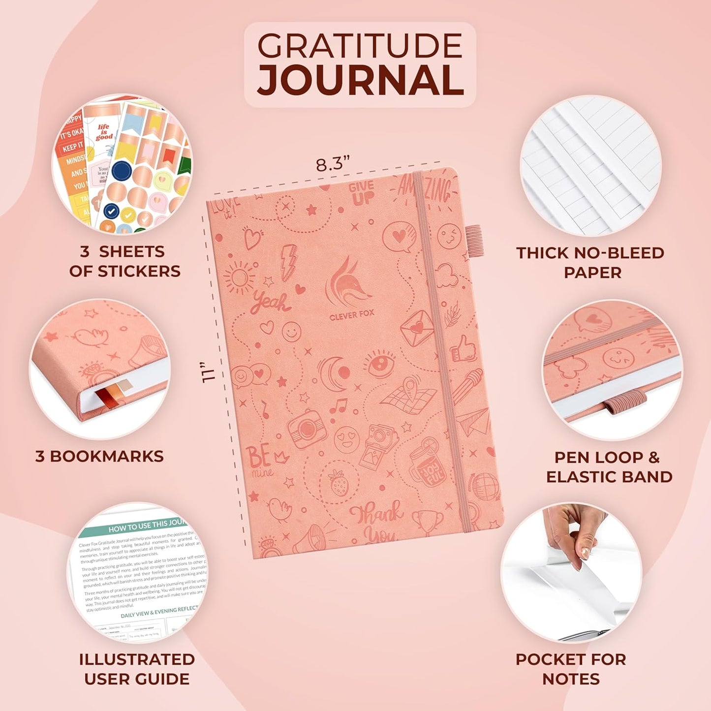 Clever Fox Gratitude Journal Large – Happiness, Positivity & Affirmation Journal – Inspirational Daily Notebook, 3 Months, 8.3x11” (Peach Pink)