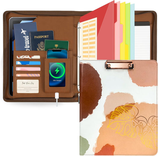Leather Clipboard with Storage, Zippered Padfolio Portfolio Organizer, 3 Ring Binder 1 Inch, Notepad, Tablet Sleeve, 5 Dividers with Pocket, Stickets for Office, Nurses, Students, Teachers Brown