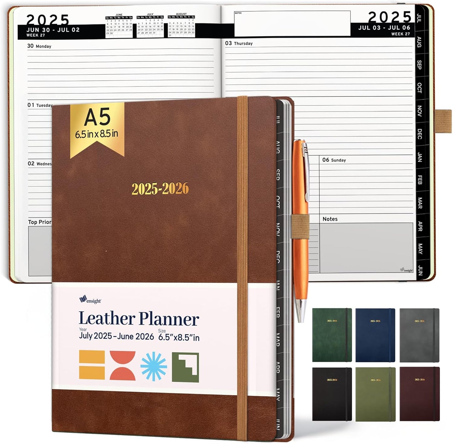 Ensight 2025-2026 HARDCOVER Leather Planner Weekly & Monthly - 6.5x8.5 Inches - Academic Planner Business Personal or Student - Pen Holder, Thick Paper, July 2025 - June 2026 (Brown)