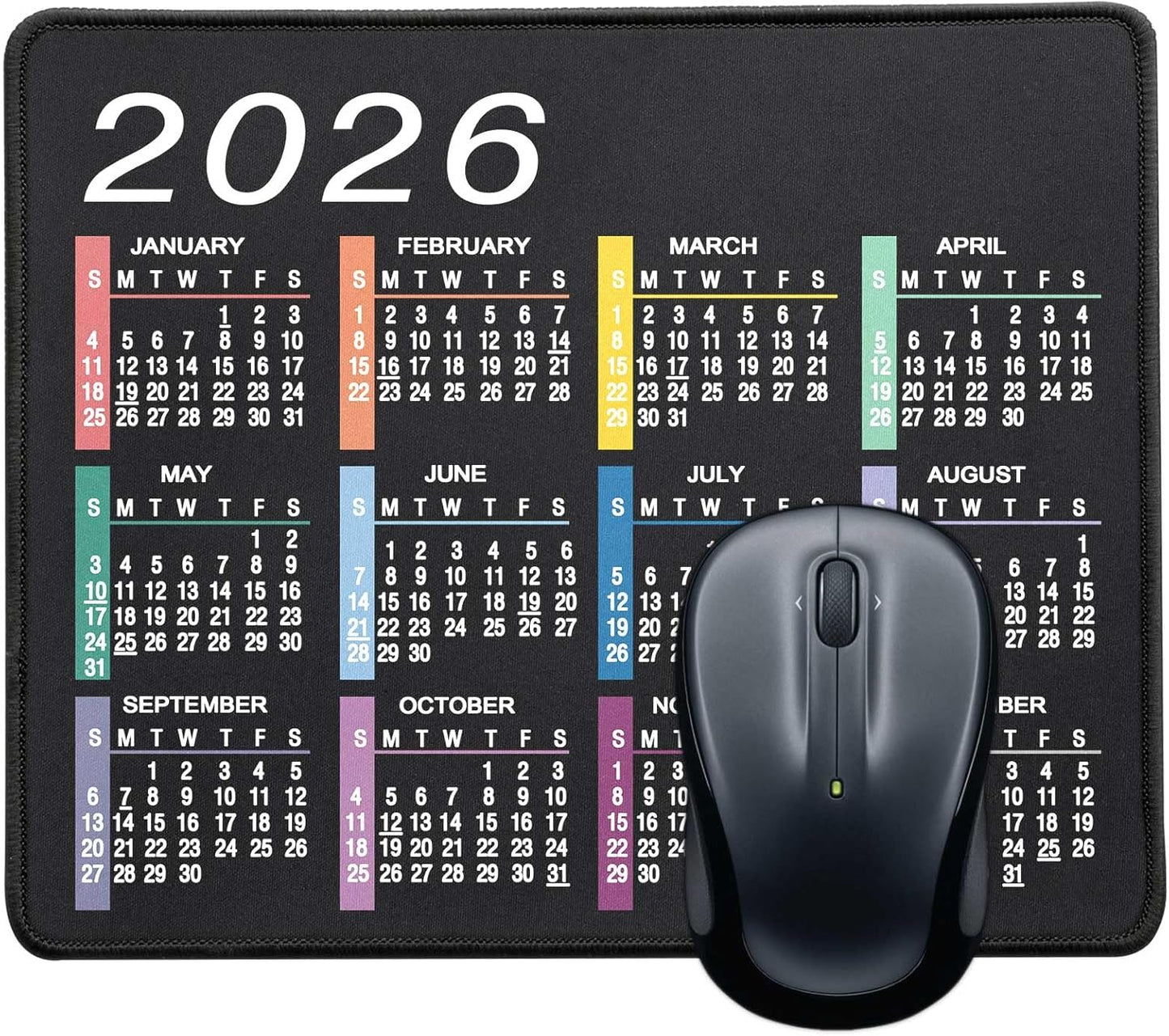 Mouse Pad with Non-Slip Rubber Base, Waterproof Computer Mousepad with Stitched Edges, Mouse Pads for Computers, Laptop, Gaming, Office & Home, 9.5 x 7.8 in (2026 Calendar Jet Black)
