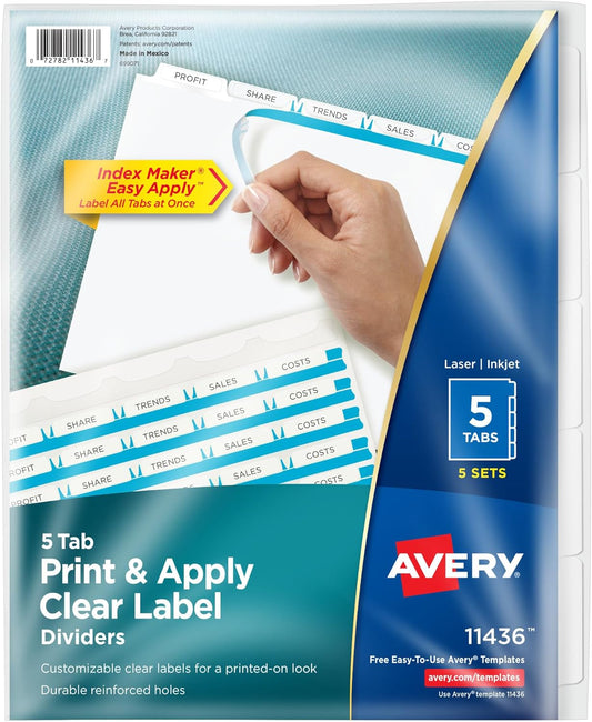 Avery 5 Tab Dividers for 3 Ring Binder, Easy Print & Apply Clear Label Strip, Index Maker Customizable White Tabs, 10-Pack of 5 Sets, 50 Sets Total (11436)