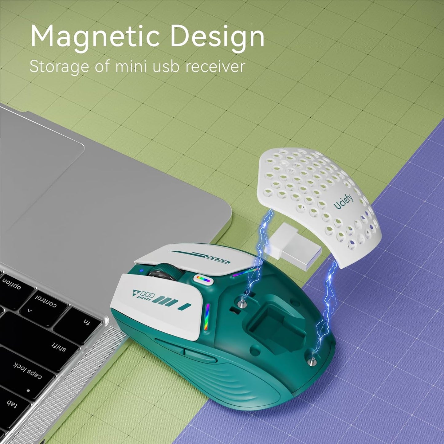 Uciefy Bluetooth Wireless Mouse, (BT5.0/5.1+2.4GHz) USB C Rechargeable LED Mouse Battery Level Visible, Honeycomb Magnetic Shell Cover with USB Receiver & Type-C Adapter for Laptop/PC/Mac/iPad - Green